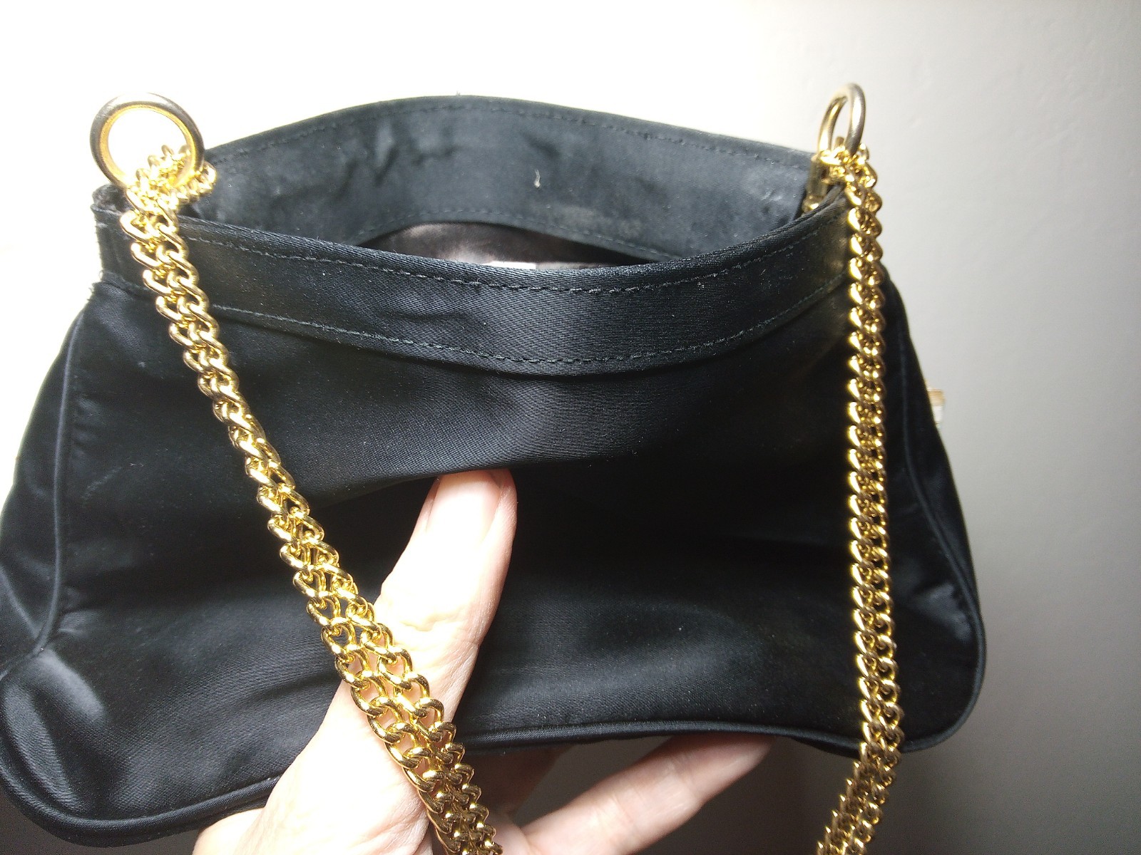 1960s Magid Italy Black Satin Gold Chain Evening Bag Handmade