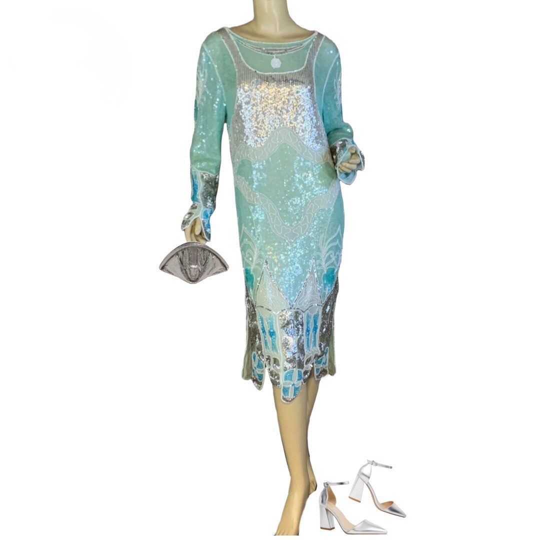 WOMEN’S VINTAGE 1980’S ZEBUN AQUA BLUE & SILVER SILK SEQUIN DRESS APPX SZ M