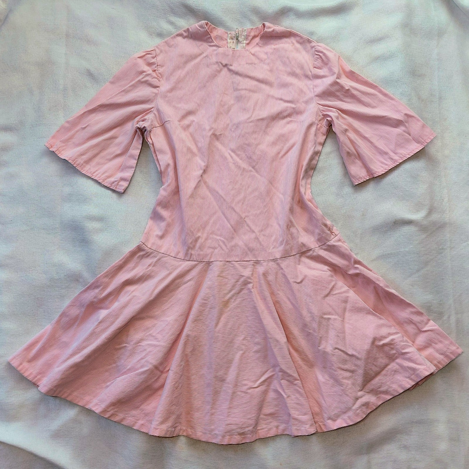 Vintage 60s Girls Pink Striped Dress Handmade Drop Waist Bell Sleeve