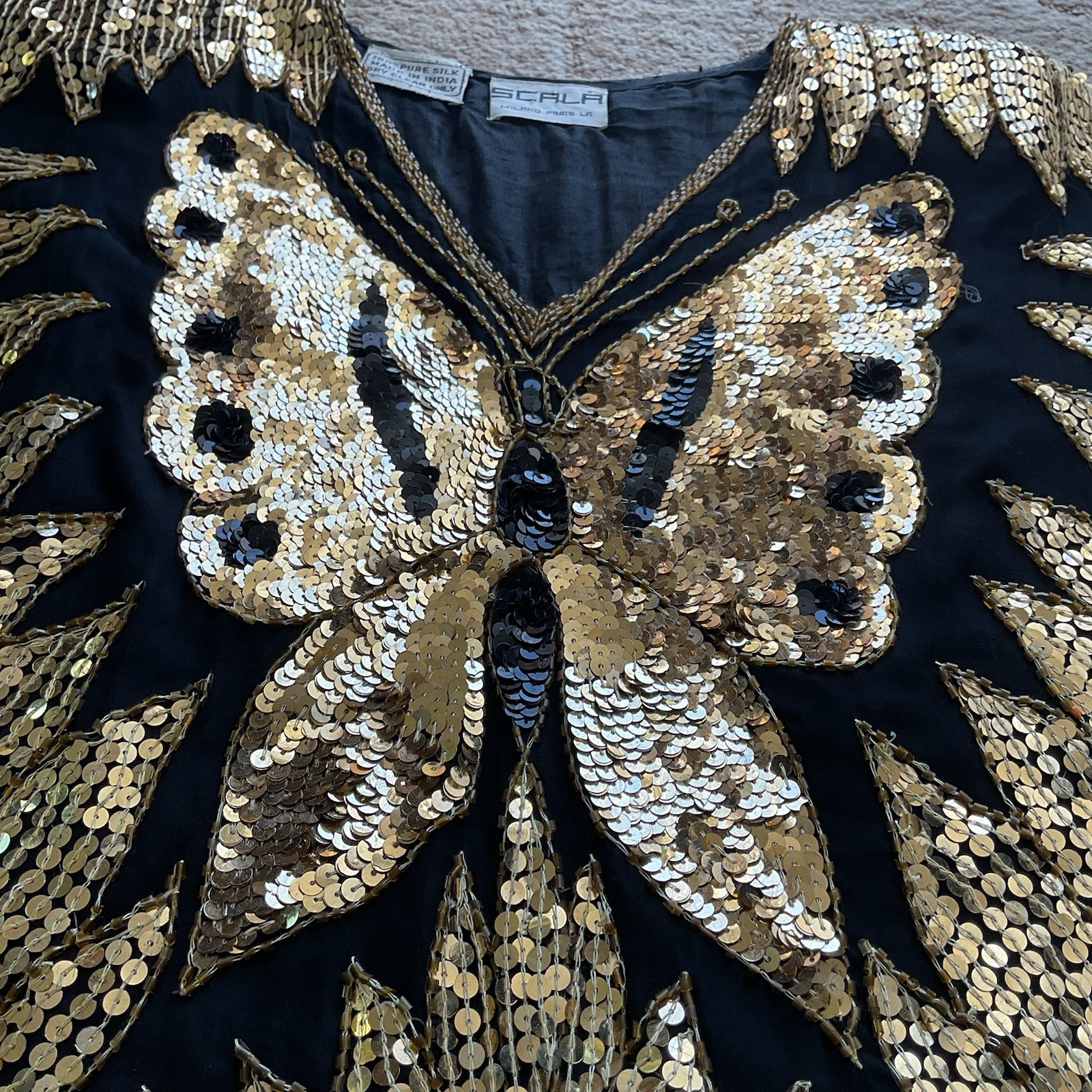 VTG 80s SCALA Women’s O/S Black Silk Gold Sequins Butterfly Top Glam Art Deco
