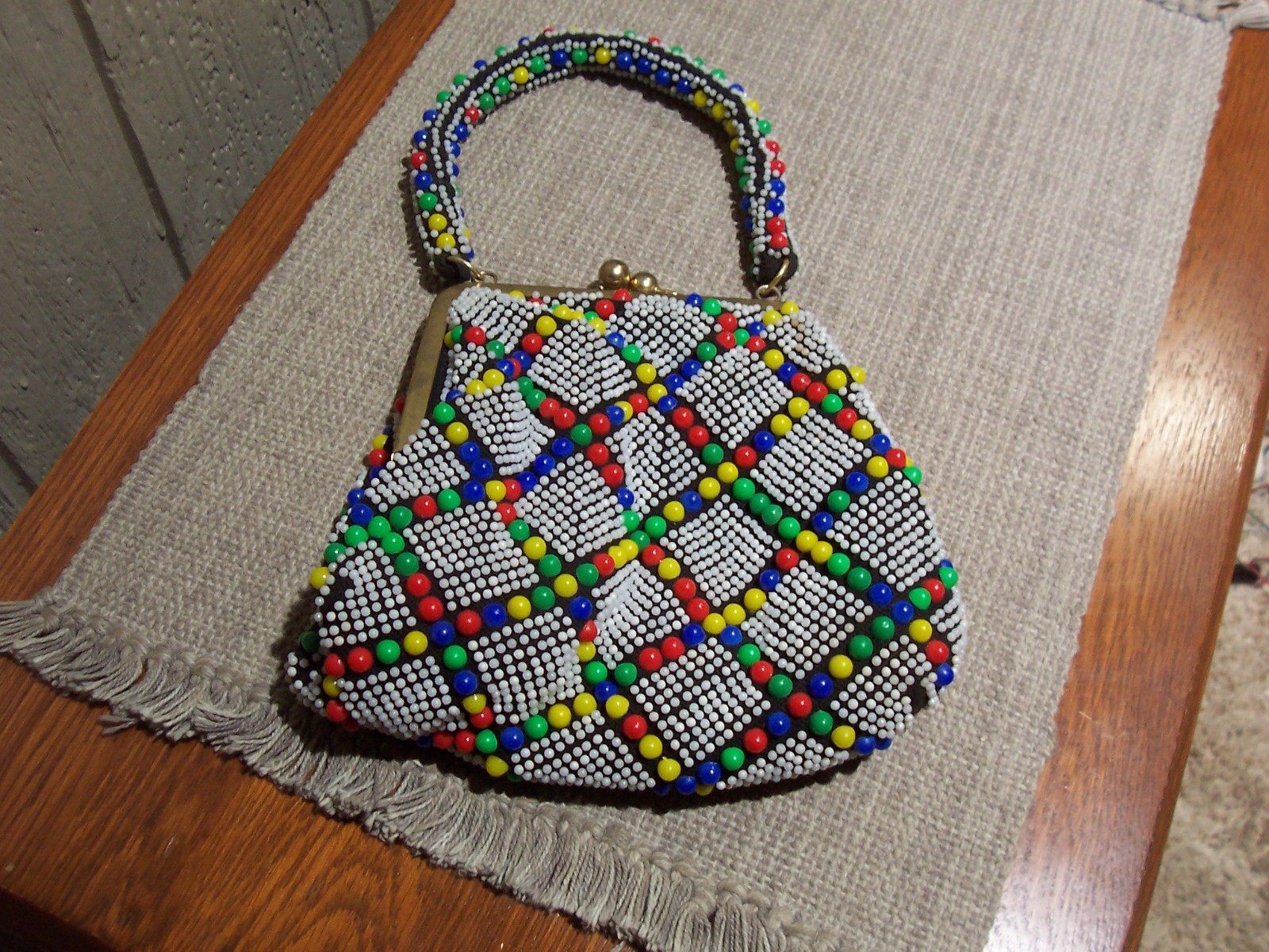 Vintage Made in Hong Kong 70’s Multi Colored Beaded Pouch Purse 8 x 8 inches