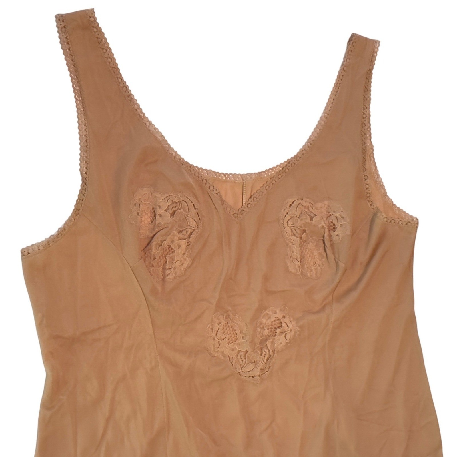 Vintage Italian Lace Trim Full Slip Dress Tan Nude Floral Applique Sz 6 Lingerie