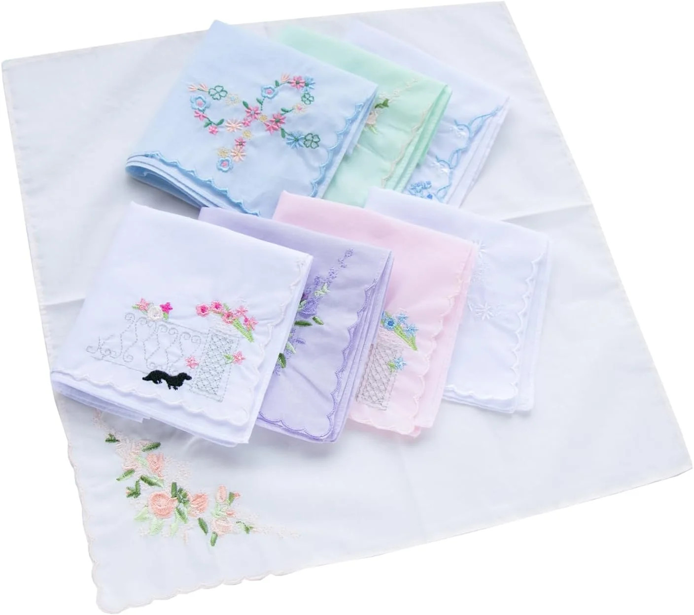 Assorted Ladies Novetly Embroidered Cotton Soft Handkerchiefs Scalloped Hankies