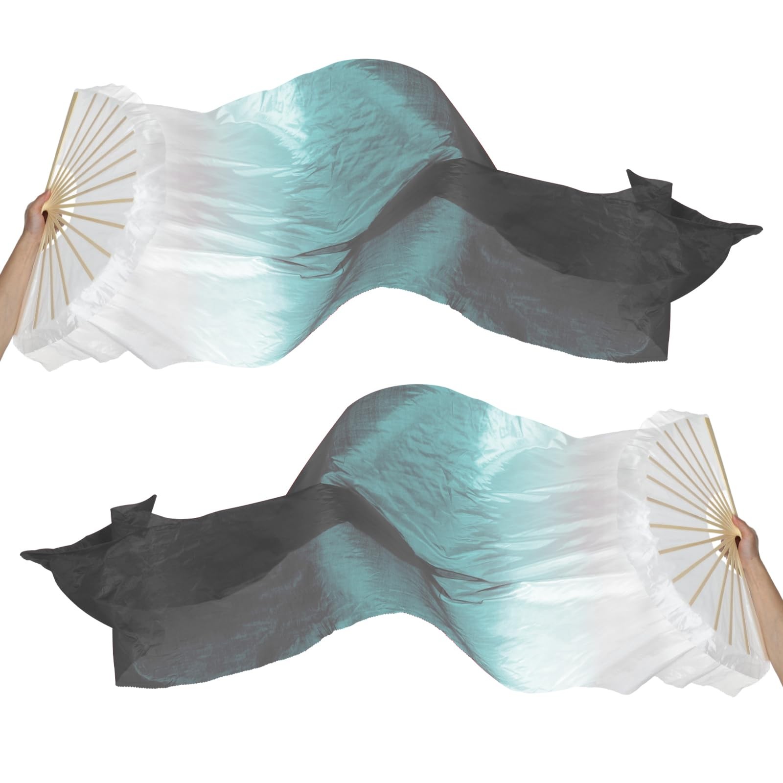 16 Fan Belly Dance Silk Fan Veil 71″, 1 Pair (Left+Right) Long Folding Dance …