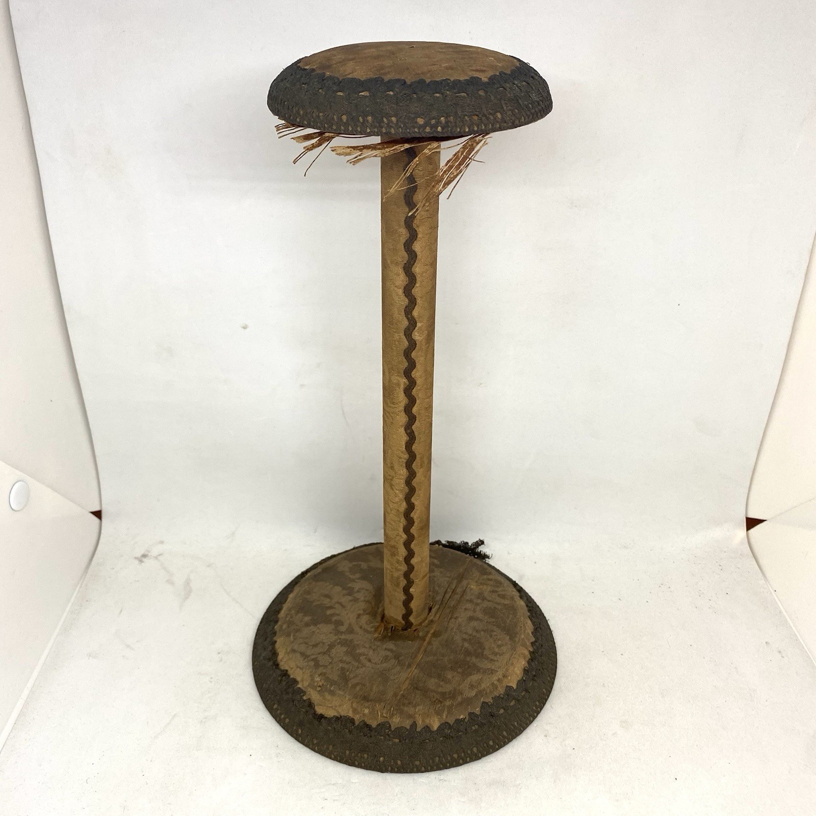 Antique Victorian Silk Brocade Fabric Metallic Trim Wooden Hat Stand Display 12″
