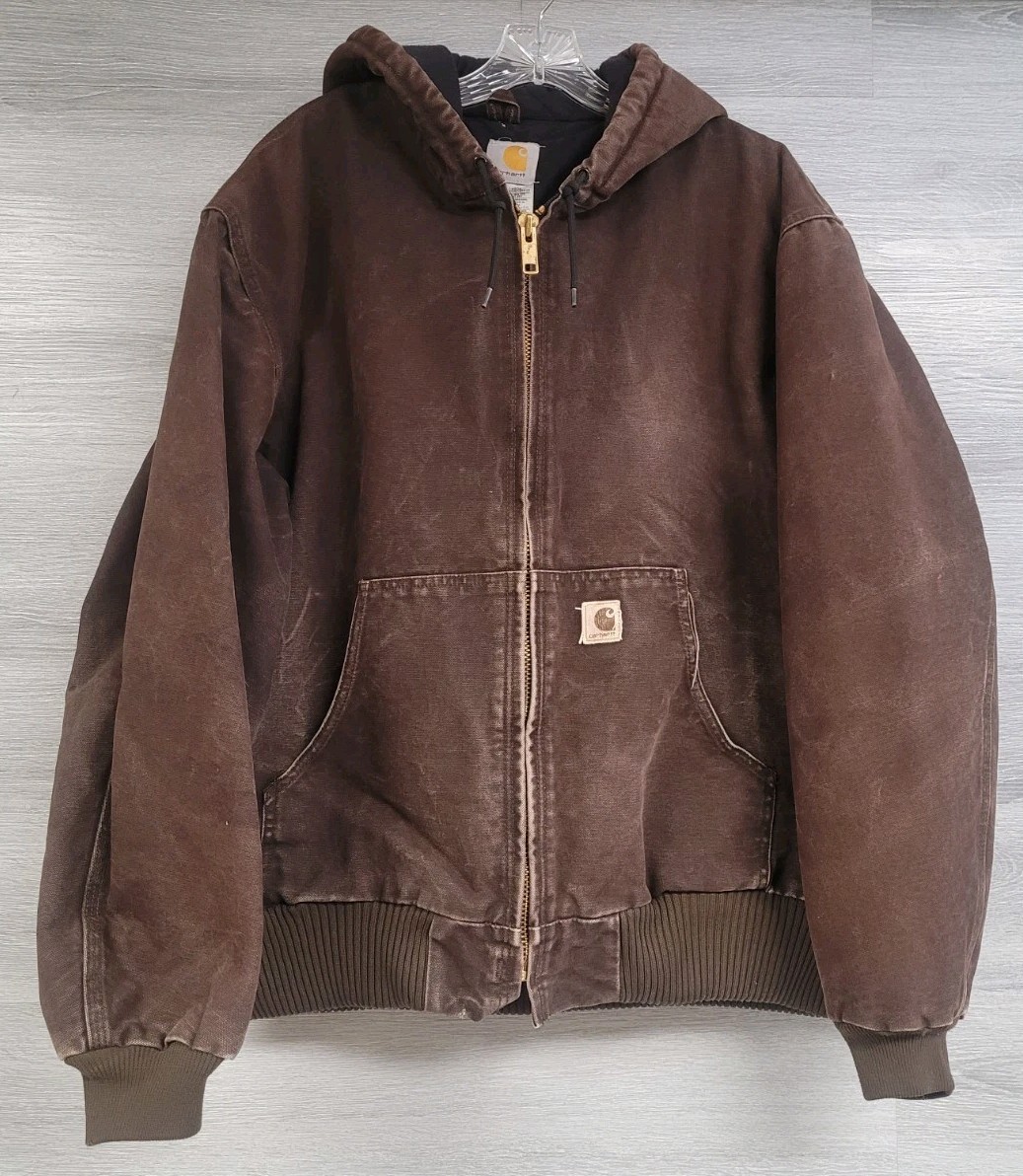 MENS VINTAGE CARHARTT JACKET J130 DKB DARK BROWN HOODED QUILTED LINING SIZE XL
