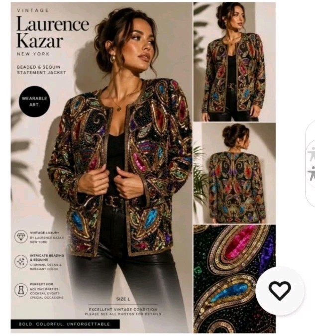 VINTAGE Laurence Kazar Silk Beaded Sequin Statement Jacket L Glam Art Wear