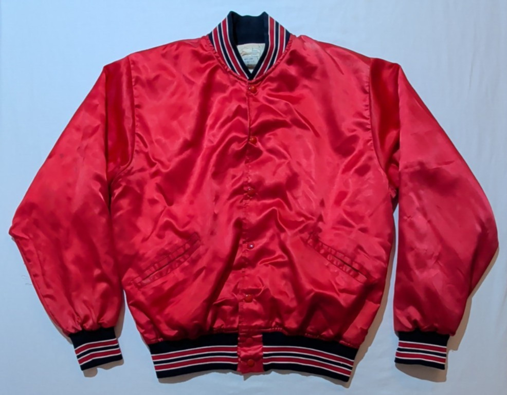 Vintage 80s Felco Satin Bomber Jacket Mens L Red Blank Snap Up Union Made in USA