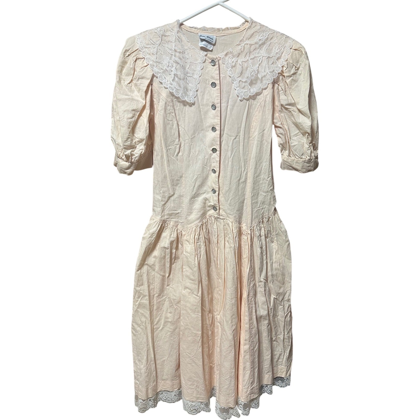 Vintage 1970s Joni Blair Prairie Dress Lace Collar Cotton Pockets USA 7