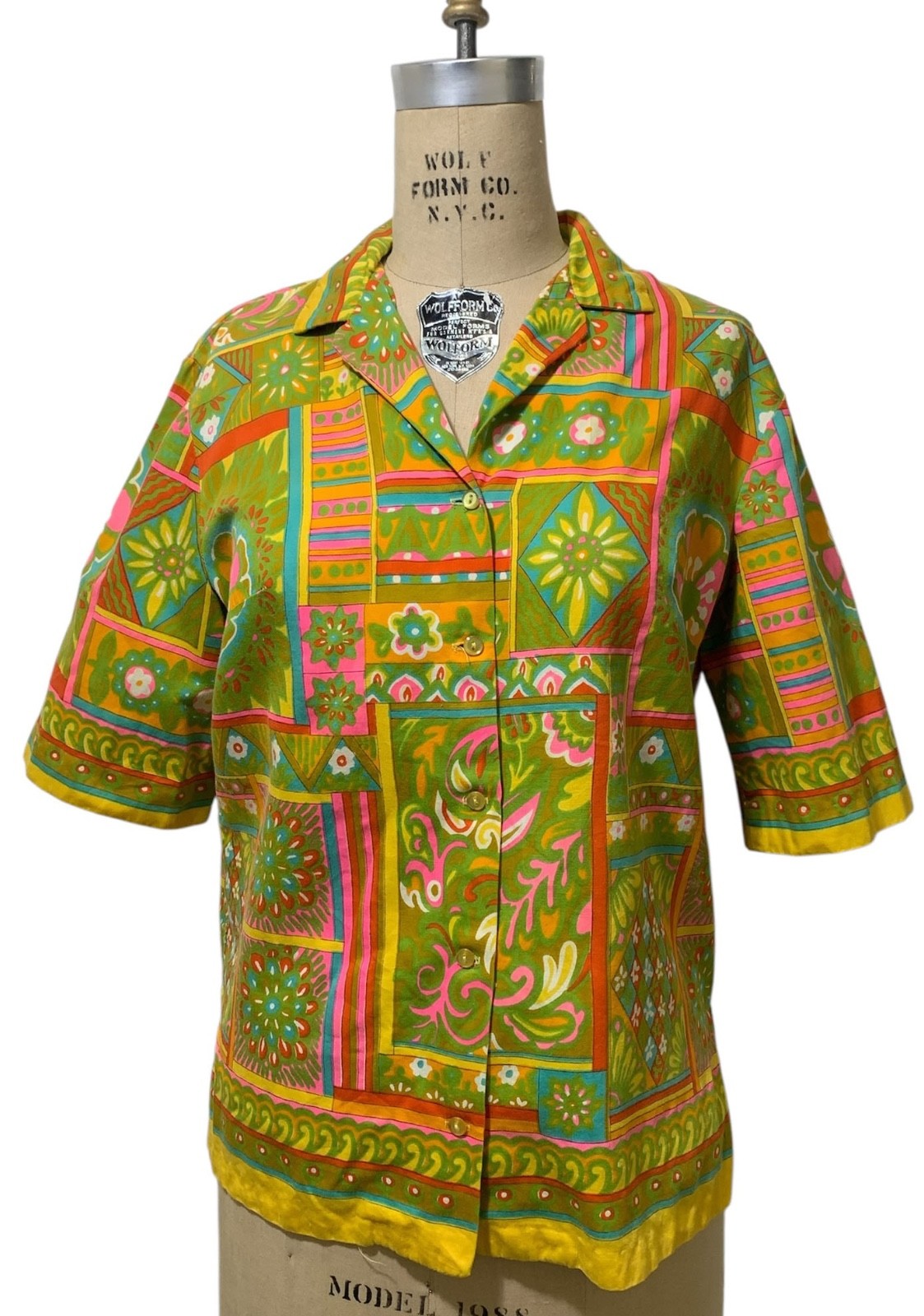 ALEX COLMAN Vintage 60s/70s Women’s Psychedelic Print Cotton Blouse Shirt – Sz L