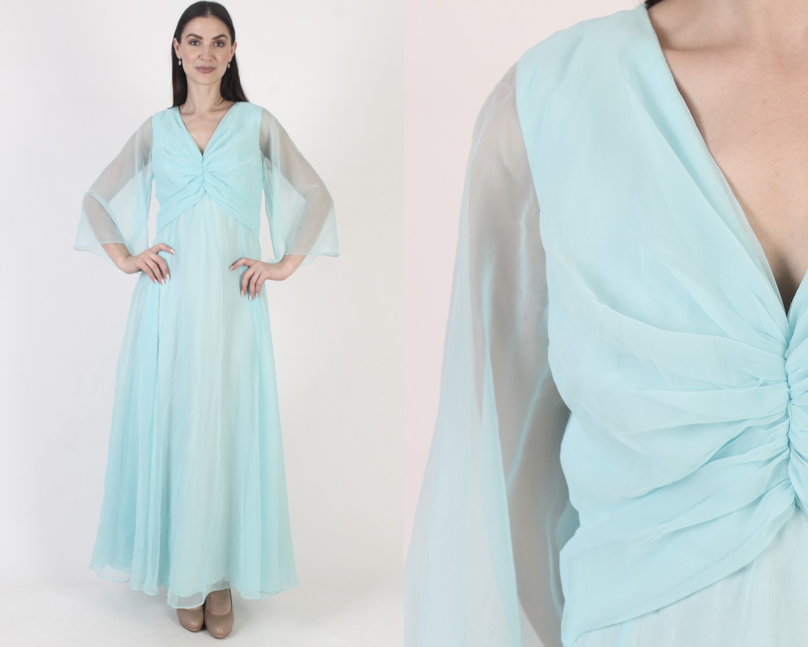 Vtg Grecian Goddess Blue Chiffon Dress Sheer Kimono Bell Slv Disco Party Gown