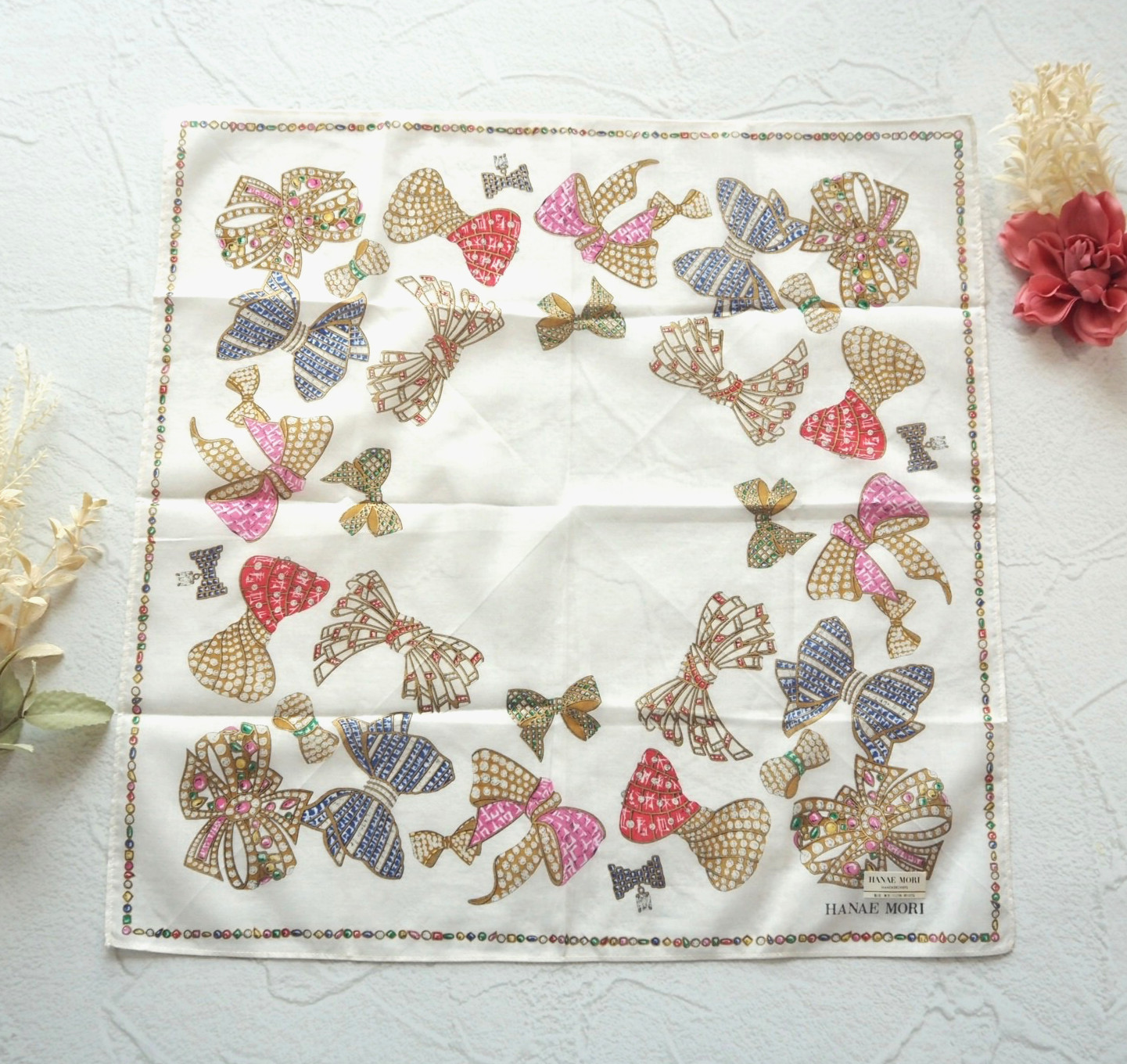 HANAE MORI Handkerchief Vintage Jewel Ribbon Bow Gold Print Cotton Japan