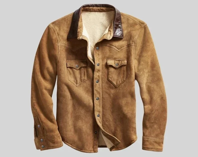 Men Suede Leather Shirt, Western Style Cowboy Suede Fur Shirt, Pure Fur Shirt