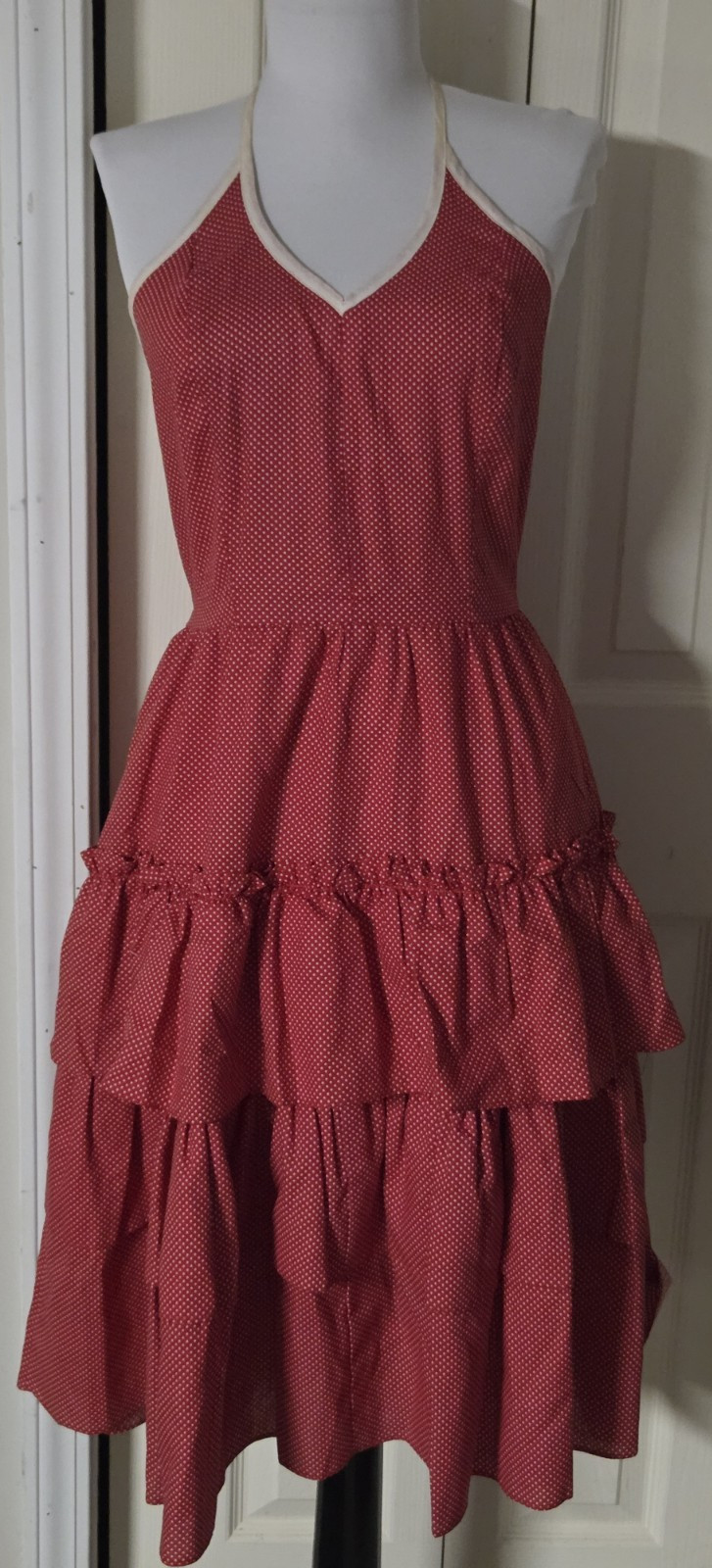 Vintage Sundress Dress Red w/White Polka Dots Summer Halter Ruffle Tiered Sun
