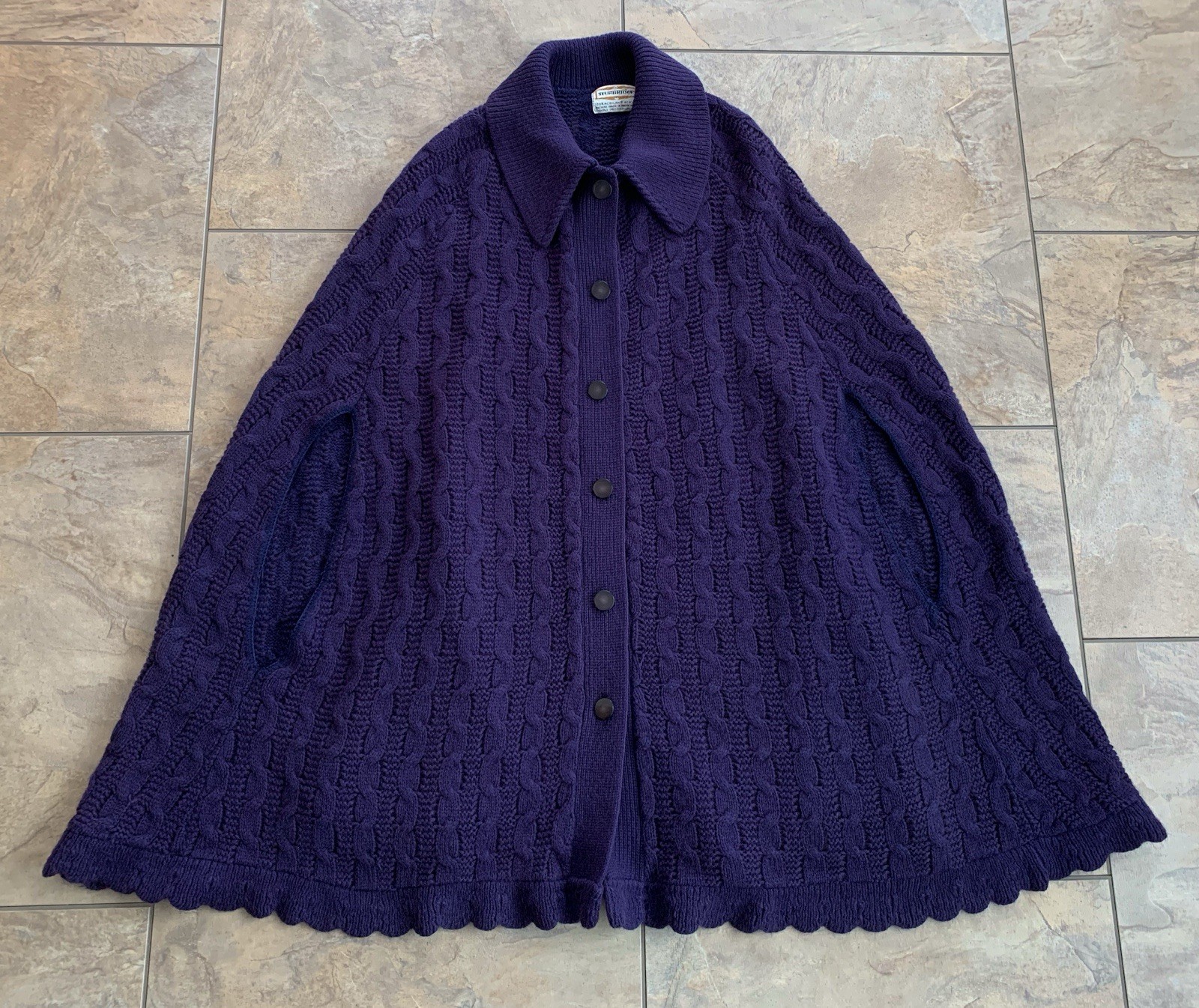 Vintage 70s Sturbridge Blue Cable Knit Sweater Cape Poncho Collared