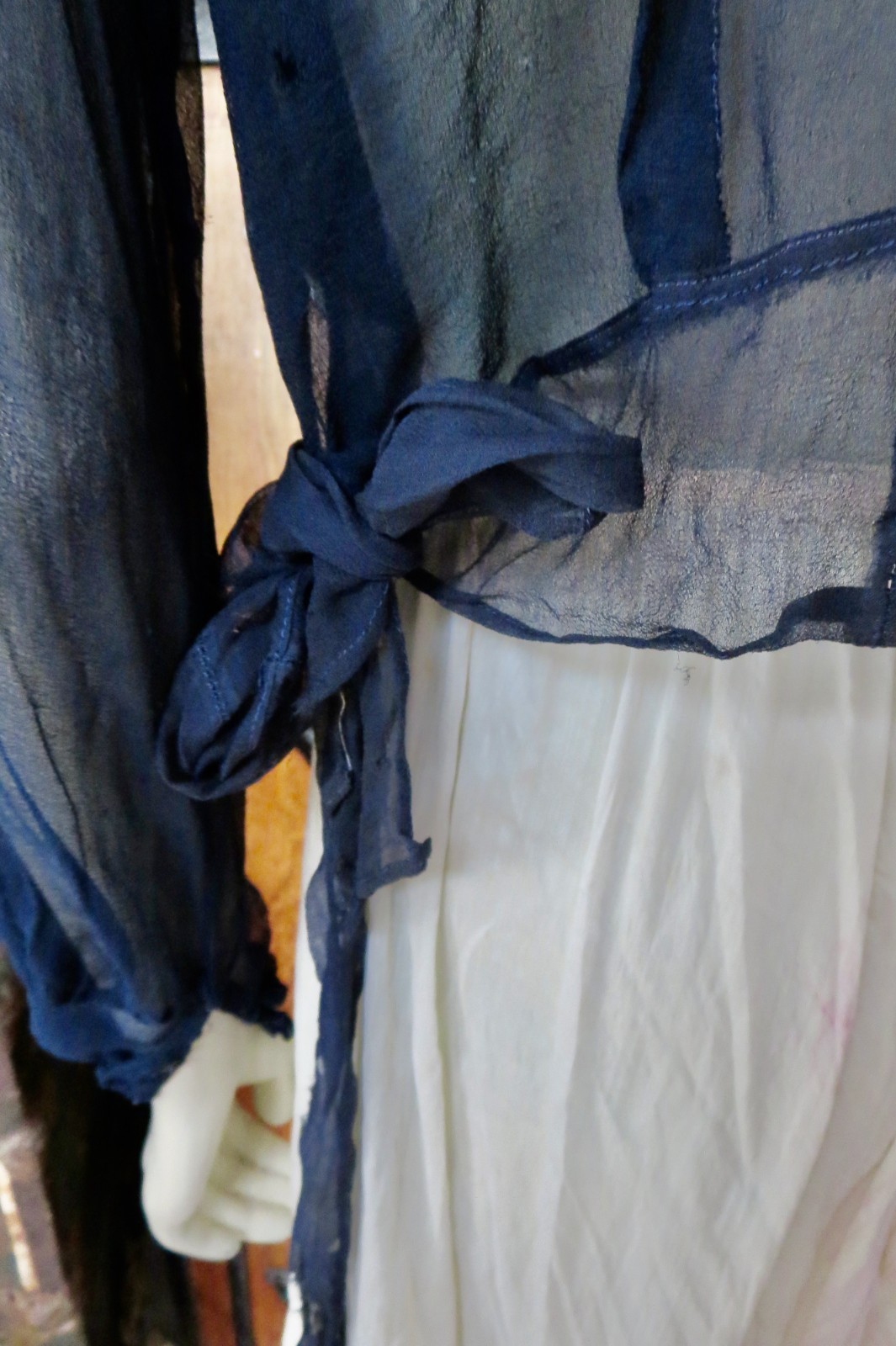 1920s Blue Sheer Crepe Silk Cranberry Red Beaded Flapper Blouse AS IS