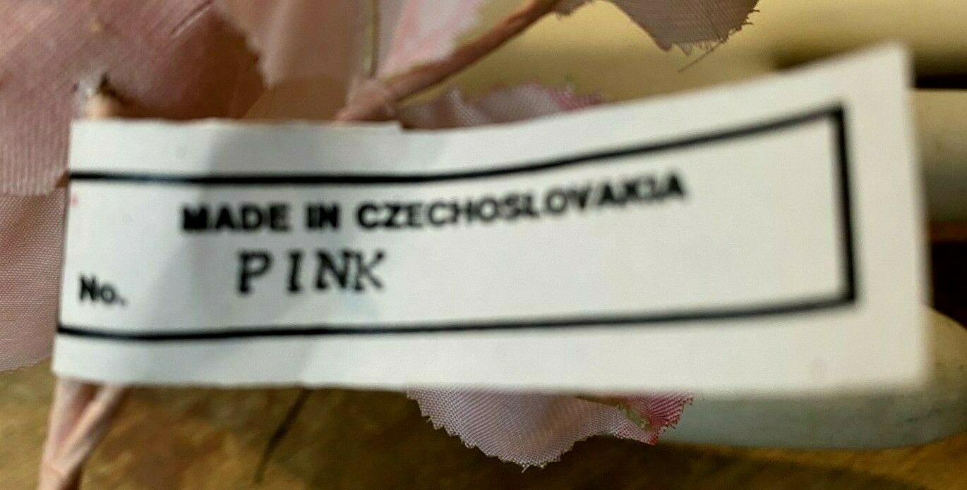 vintage silk 1950s organza 3″ pink rose leaves 1pc made in Czechoslovakia