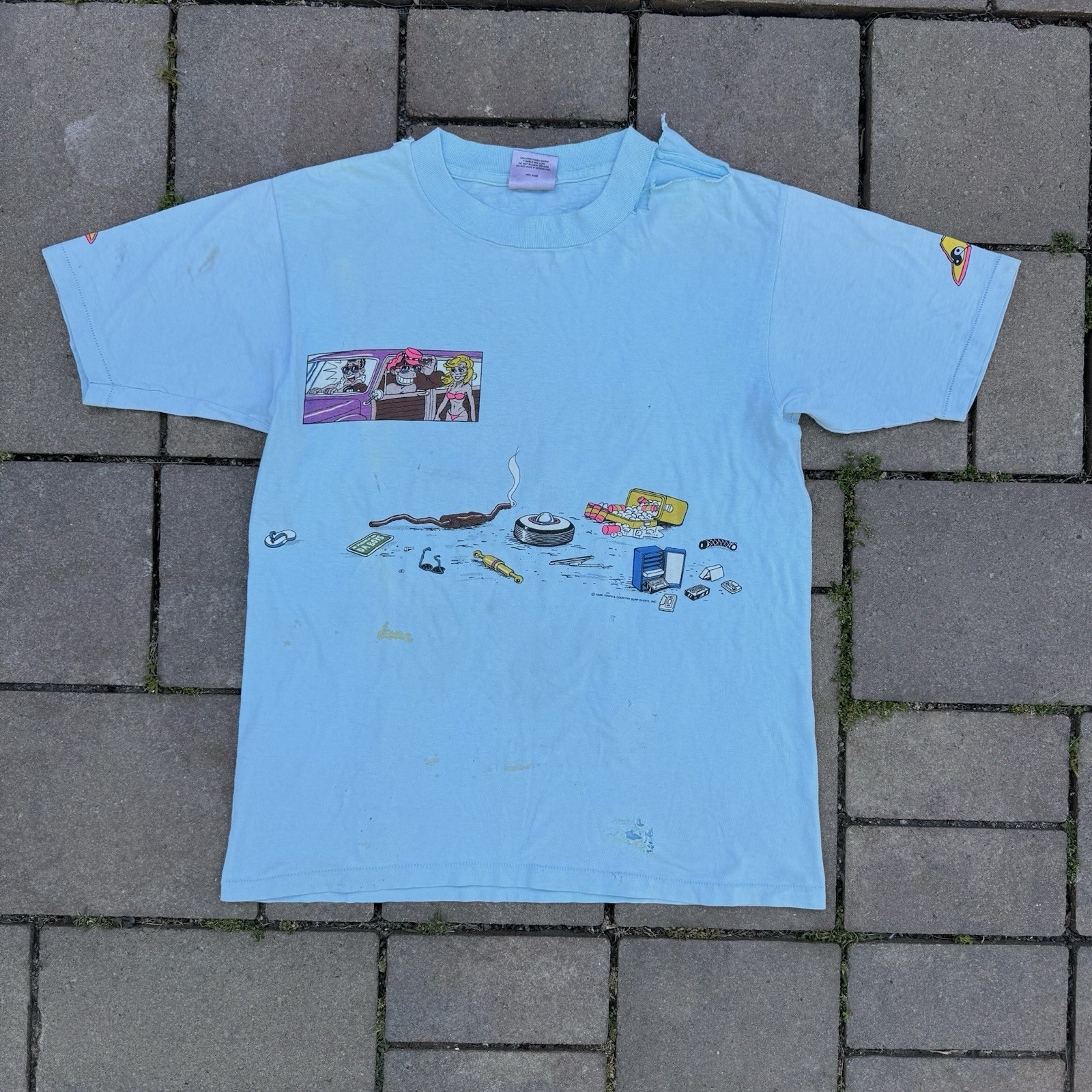 VTG 80s Town & Country T&C Surf Da Boys Blue Tee Shirt Distracted Driving 1986 L