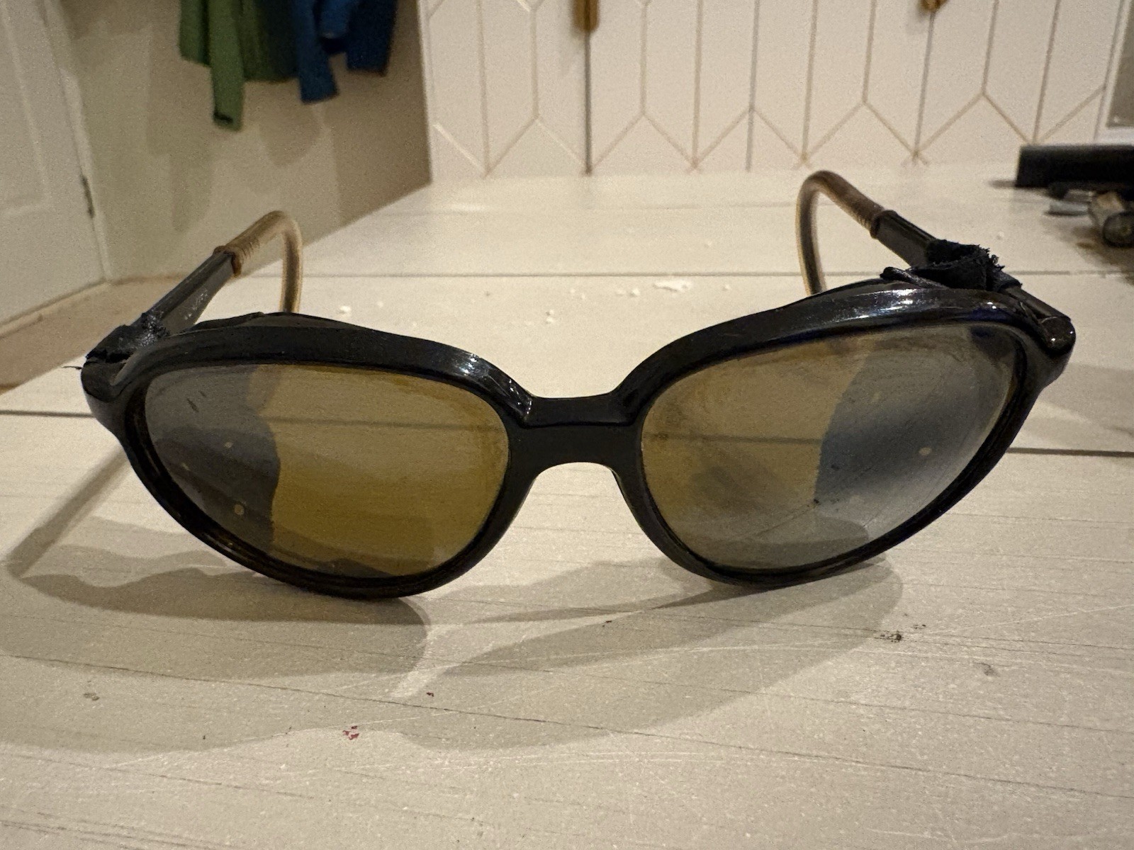 Vtg Glazier Sunglasses Leather Side Shields Cable Temple Steampunk Outdoor