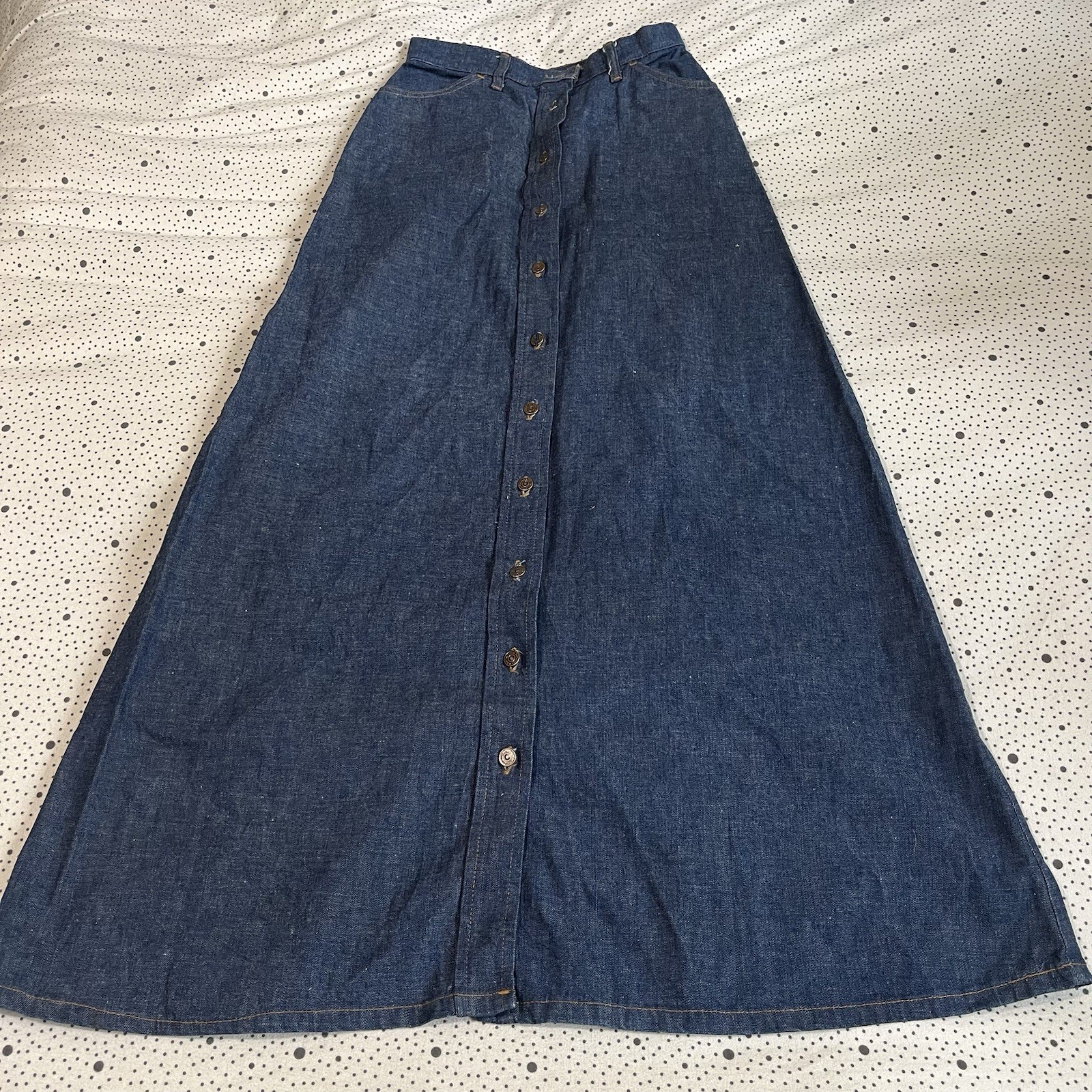 Vintage 1960s 70s Levi’s Denim Maxi Skirt Womens 1/12 Big E Orange Tab Button