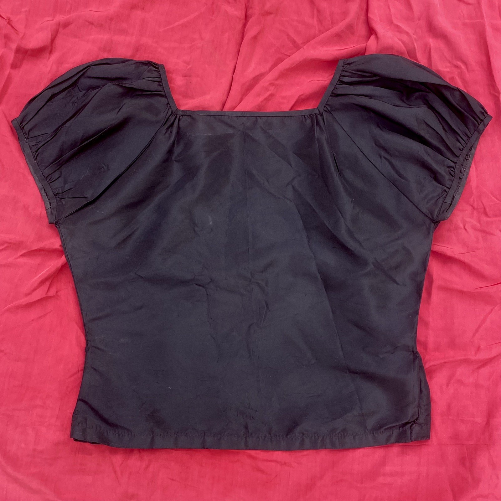 Vintage 1940s 1950s Black Rayon Puffed Sleeve Blouse Top Embroidered Flower M/L