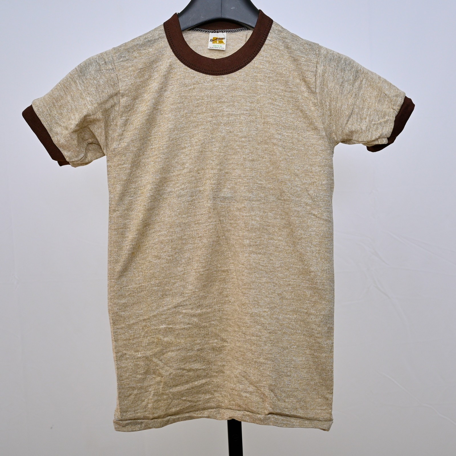 Vintage Russell Athletic Youth M Ringer T-Shirt Heather Brown Made USA