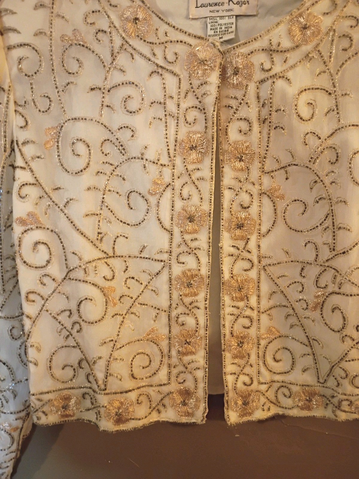 Vintage Lawrence Kazar Ivory Beaded Silk Bolero Jacket w/ Gold Thread size M