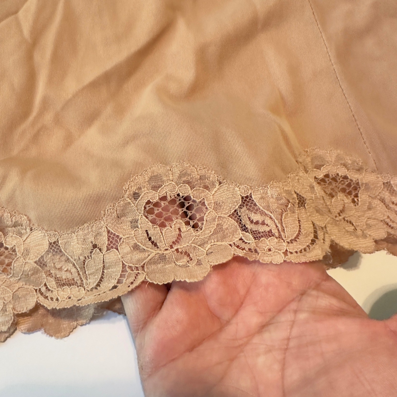 Vintage Italian Lace Trim Full Slip Dress Tan Nude Floral Applique Sz 6 Lingerie