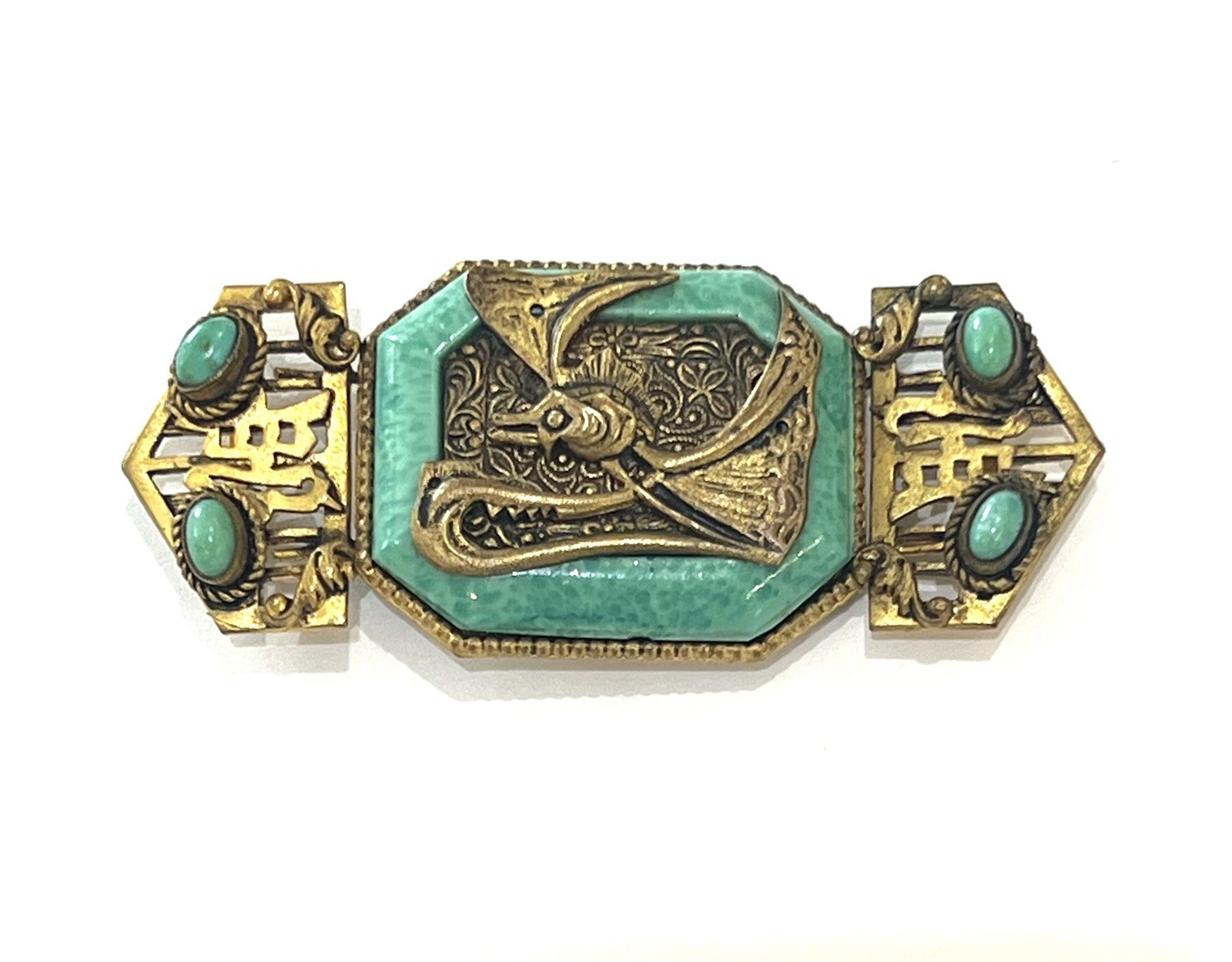 Czechoslovakian Unsigned Neiger Brothers Chinese Dragon Buckle w Faux Jade Glass