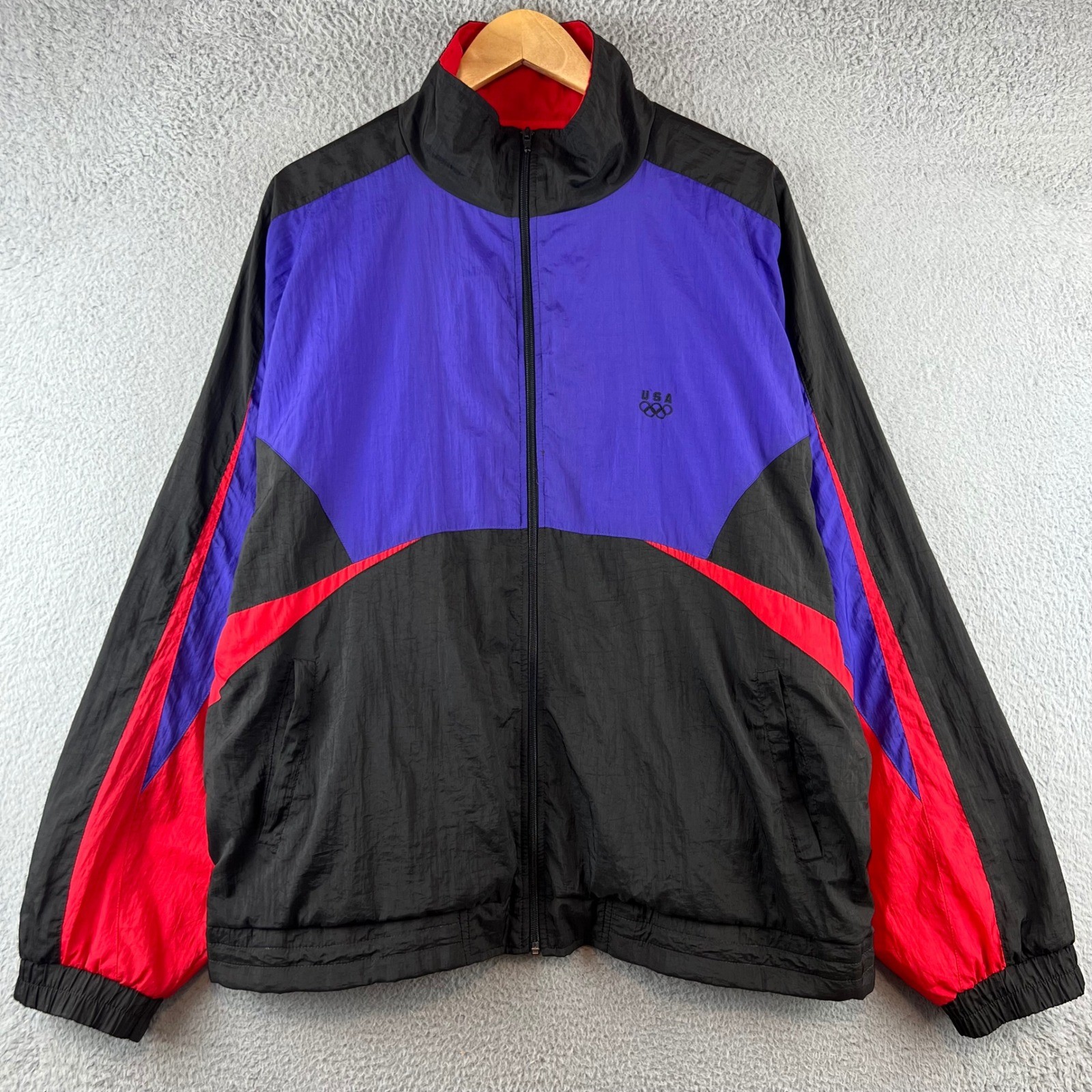 Vintage USA Olympic Windbreaker Jacket JCPenney Colorblock Purple Red Mens XL