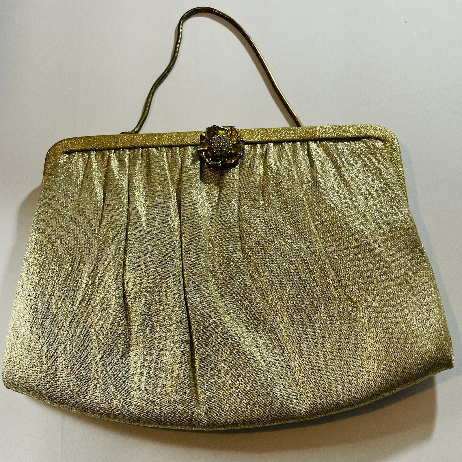 Vintage Ande Gold Satin & Jeweled Clutch | Rhinestone Floral Closure | 1950s-60s