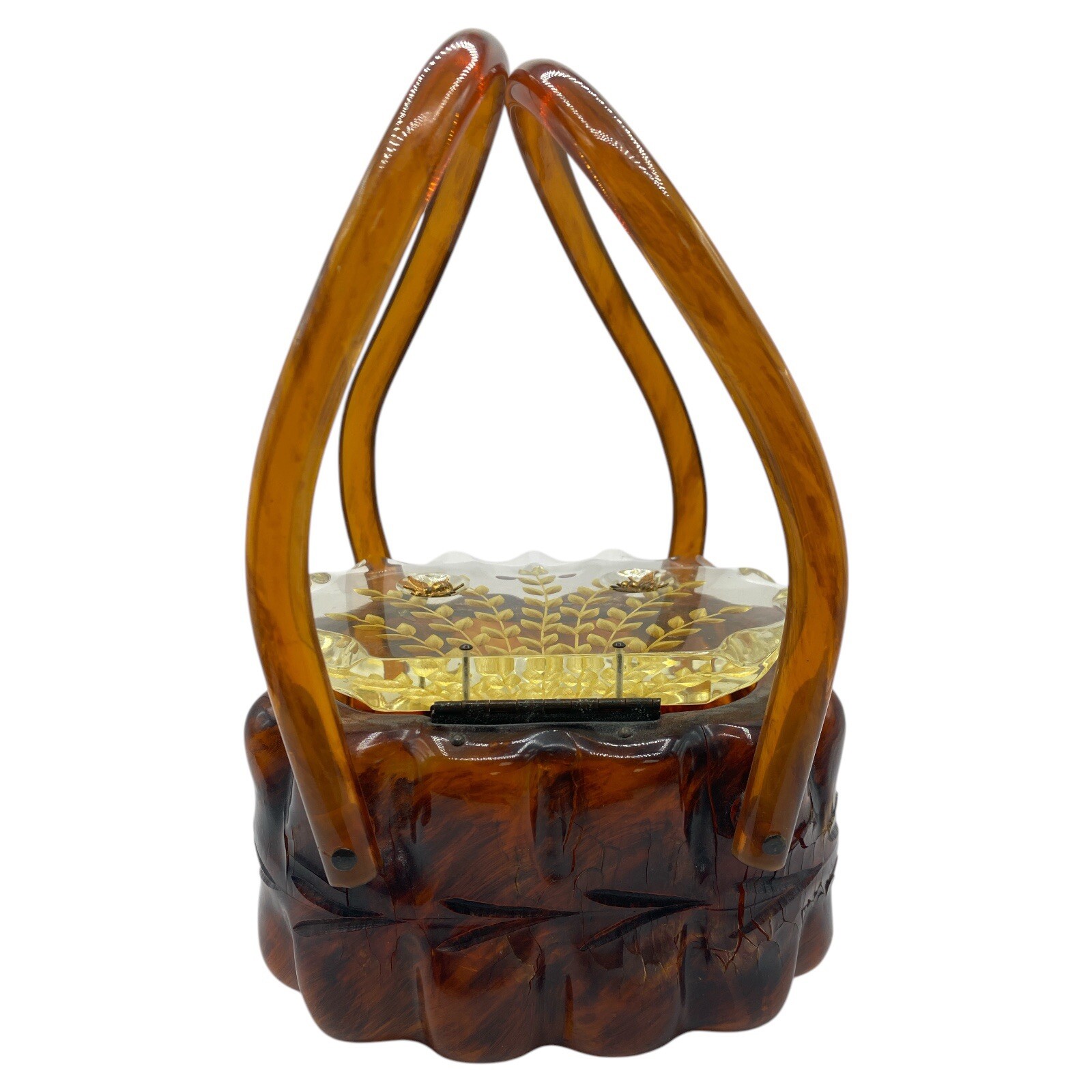 Vintage Llewellyn NYC Amber Lucite Box Purse Handbag w/ cracks Mid Century Signd