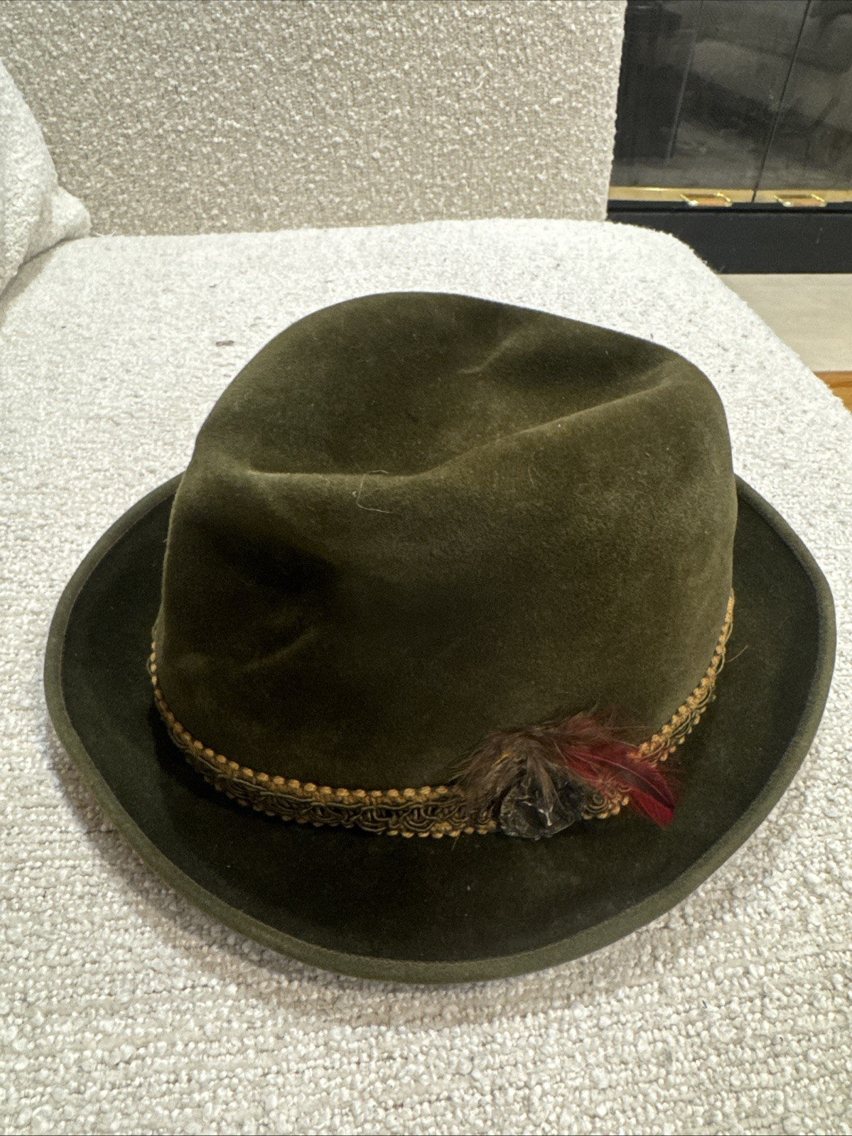 Vintage 1950s Templeform Stylepark Green Felt Alpine Fedora Velour Hat Stag Pin