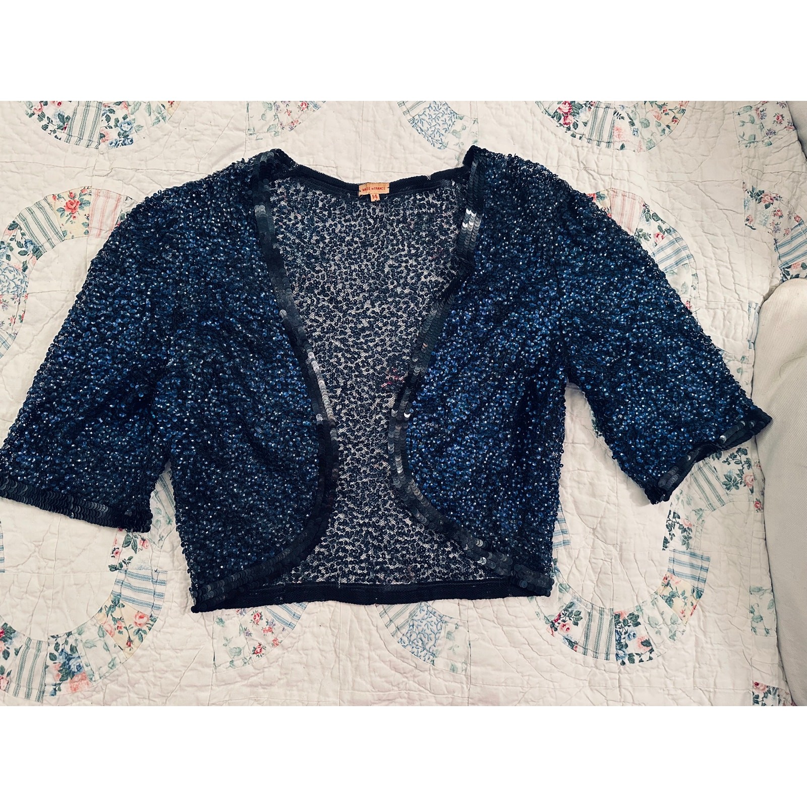 20’s 30’s MADE IN FRANCE ART DECO NAVY BLUE SEQUIN BEADED SHORT SLEEVE BOLERO