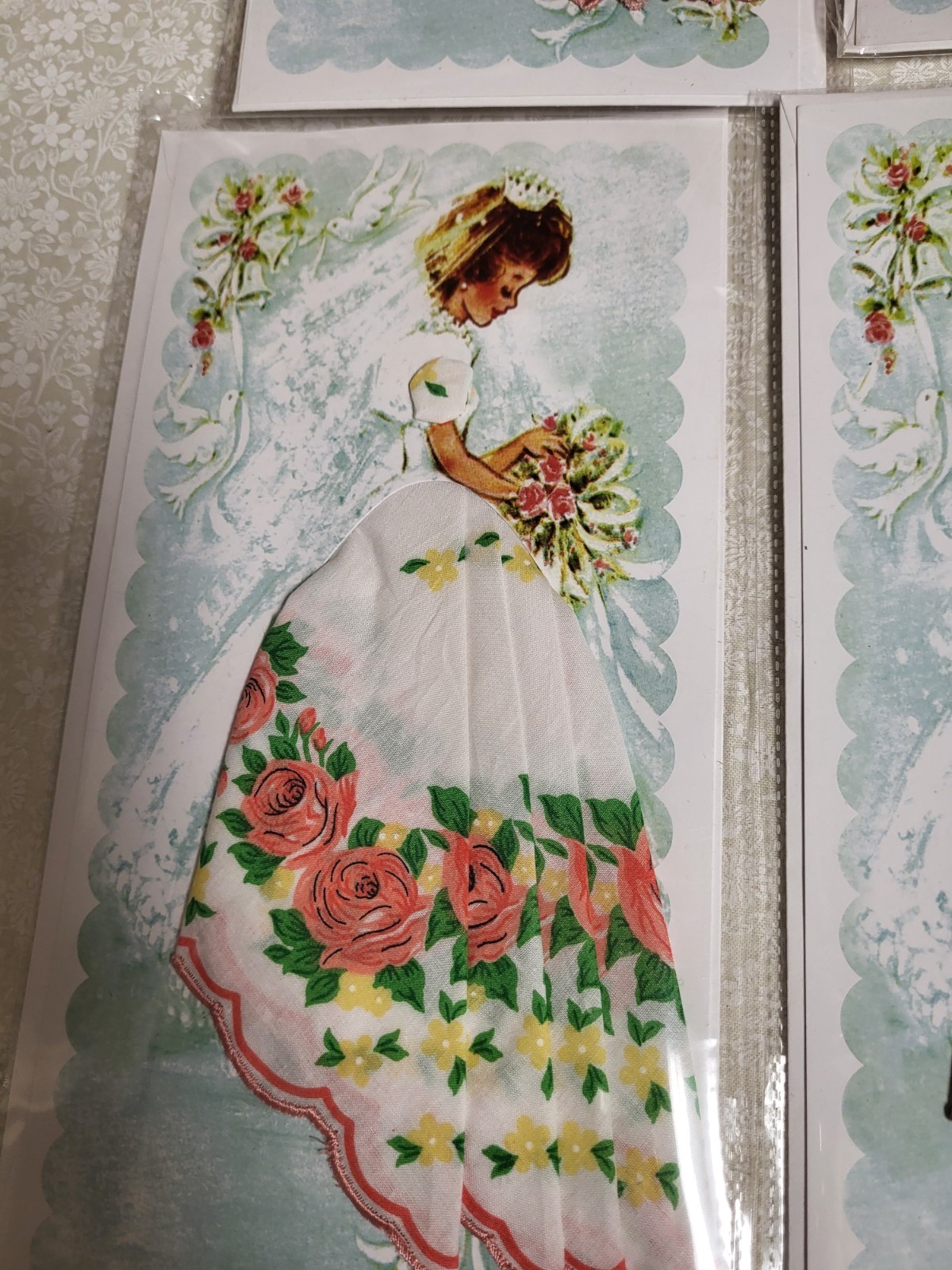 Lot of Retro hanky handkerchief card; bride w/full skirt, wedding card, envelope