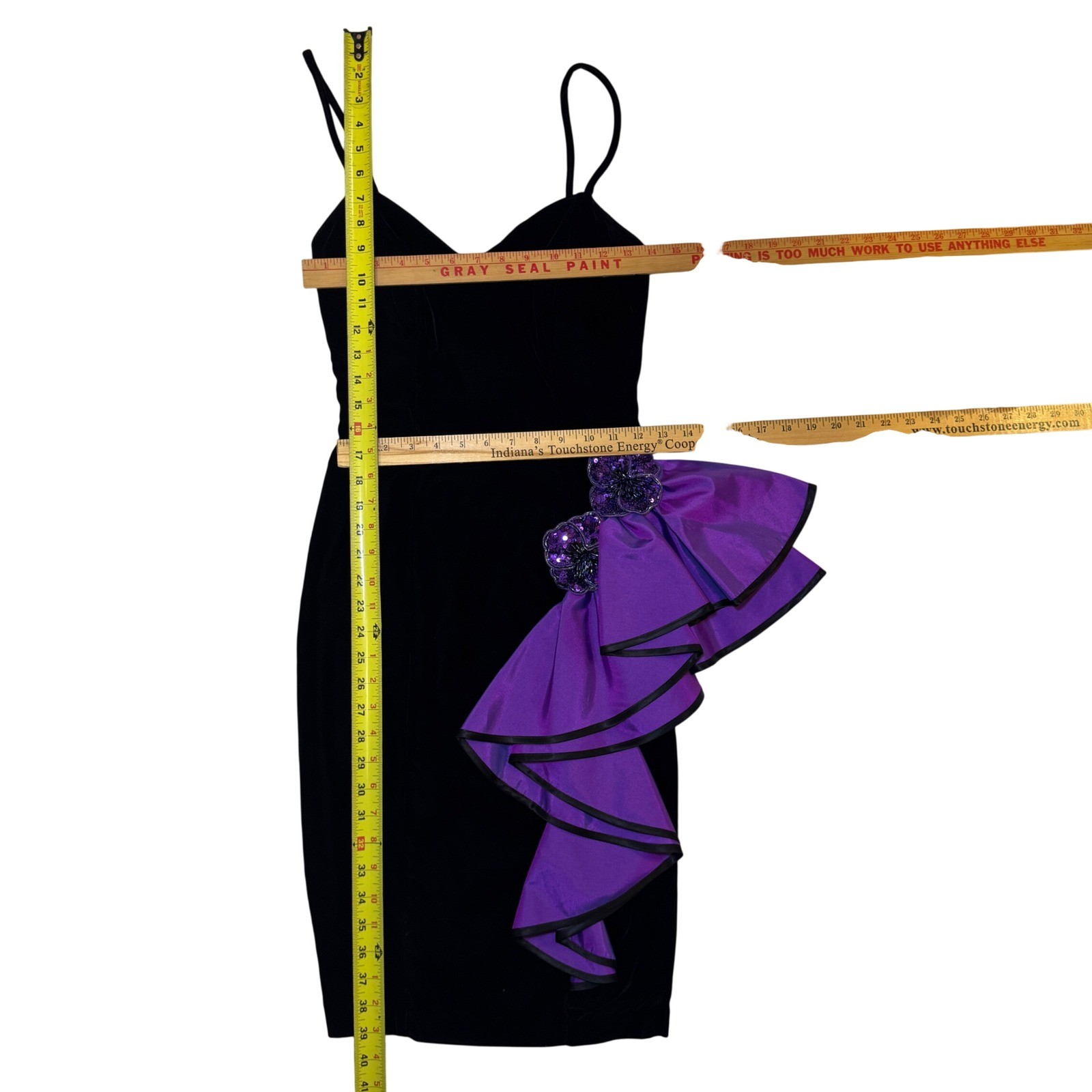 Vintage New Leaf 80s Black Velvet Purple Ruffle Beaded Floral Cocktail Dress 4