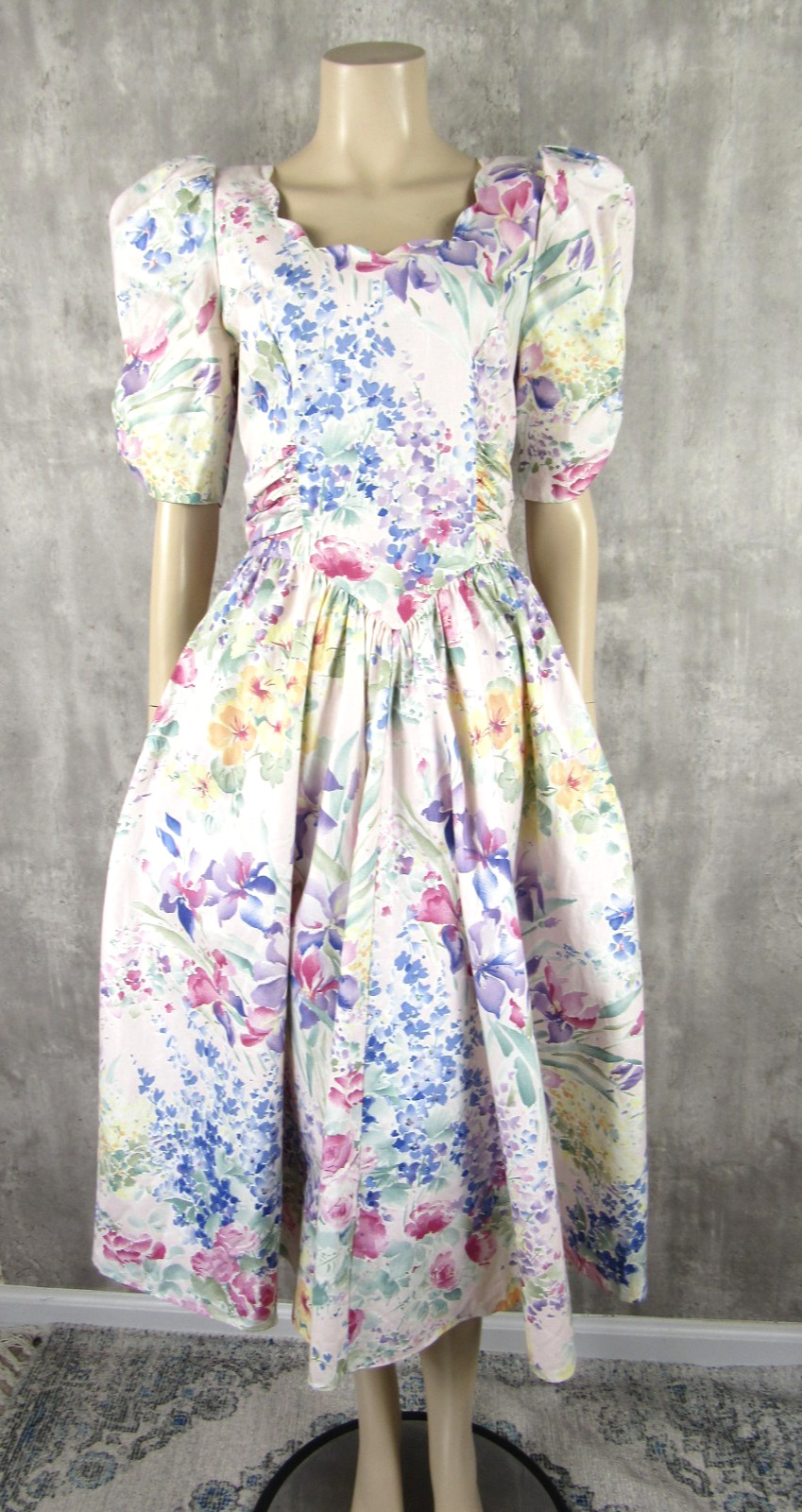 Vintage 80s Expo Floral Puffy Sleeves Big Bow Floral Cotton Midi Tea Dress S/M