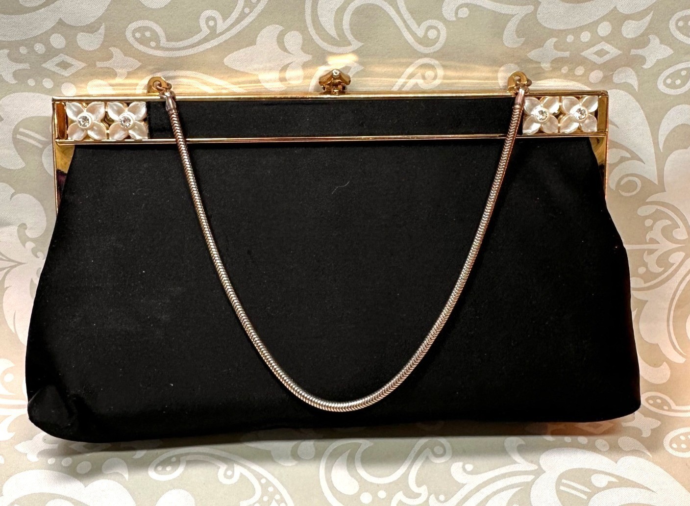 Vintage Black Satin Clutch Purse With Gold Frame & Floral Rhinestone Accents