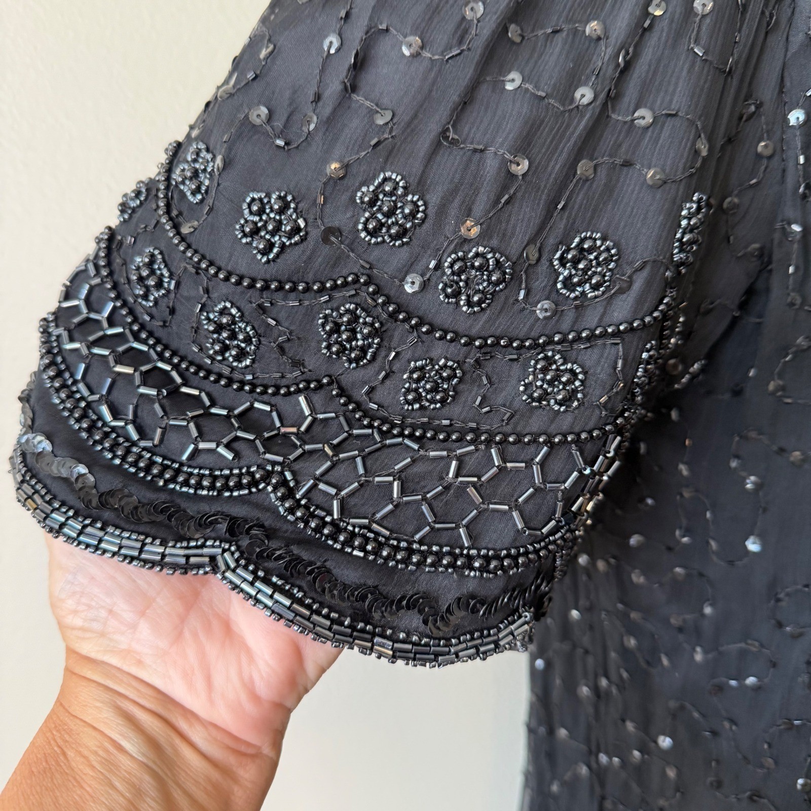 Laurence Kazar NY VTG Beaded Black Sequined Top 1X Party Cocktail Blouse Silk