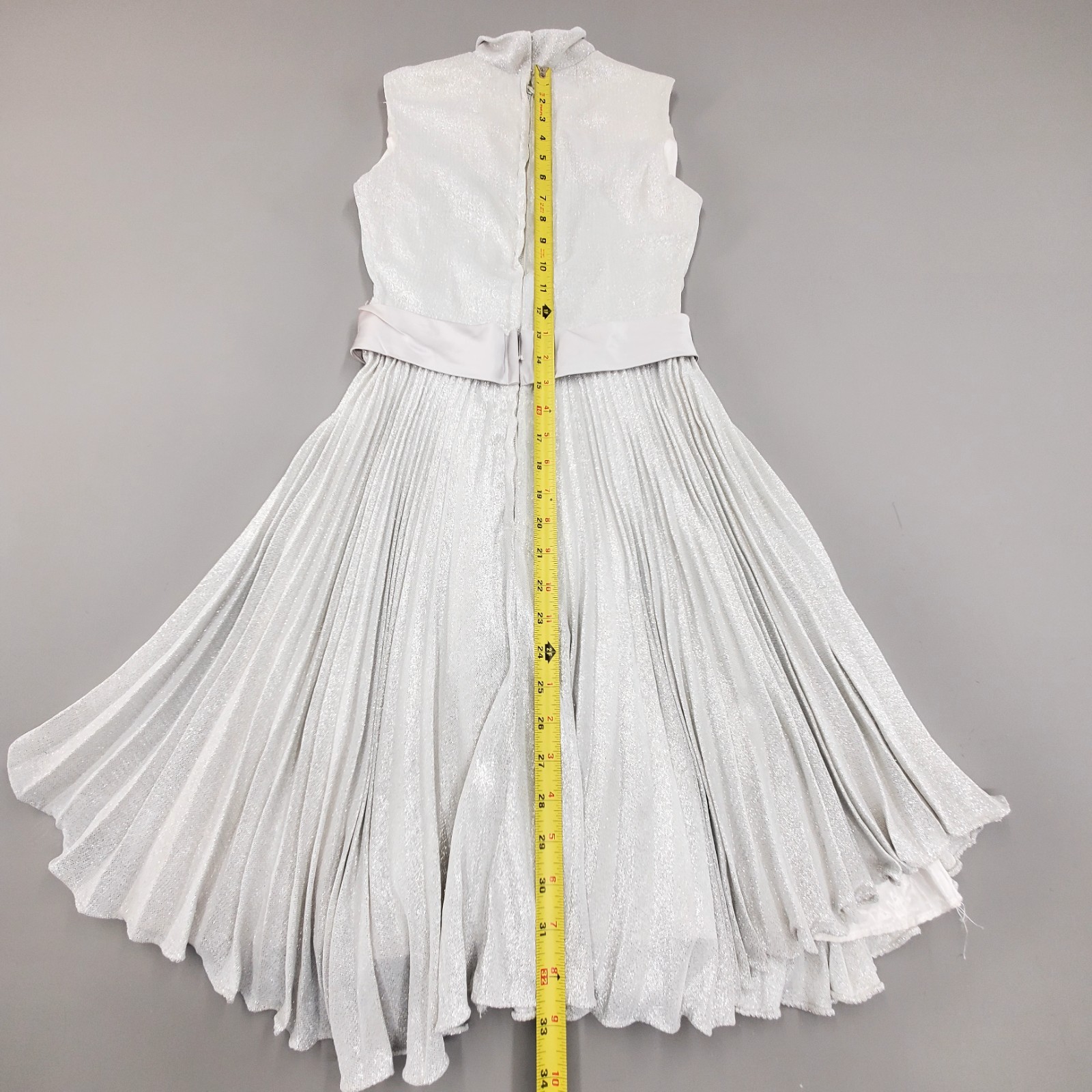60s Vintage Party Dress Pleated Bow GO GO Mod Silver Lurex Sparkle Mini Retro