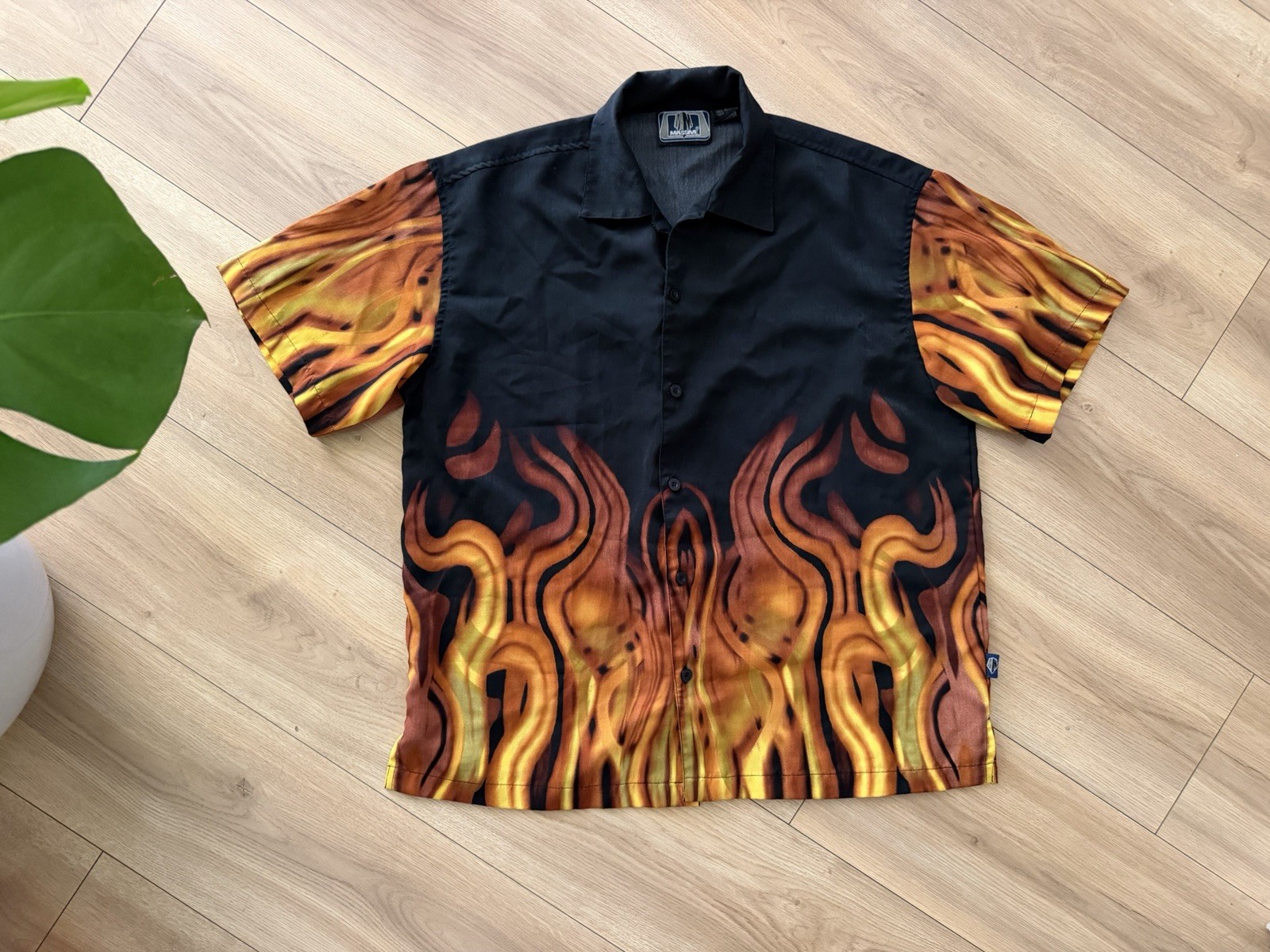 Vintage Massive Button Up Flame Shirt Y2K 00s 90s Punk Grunge Black Small