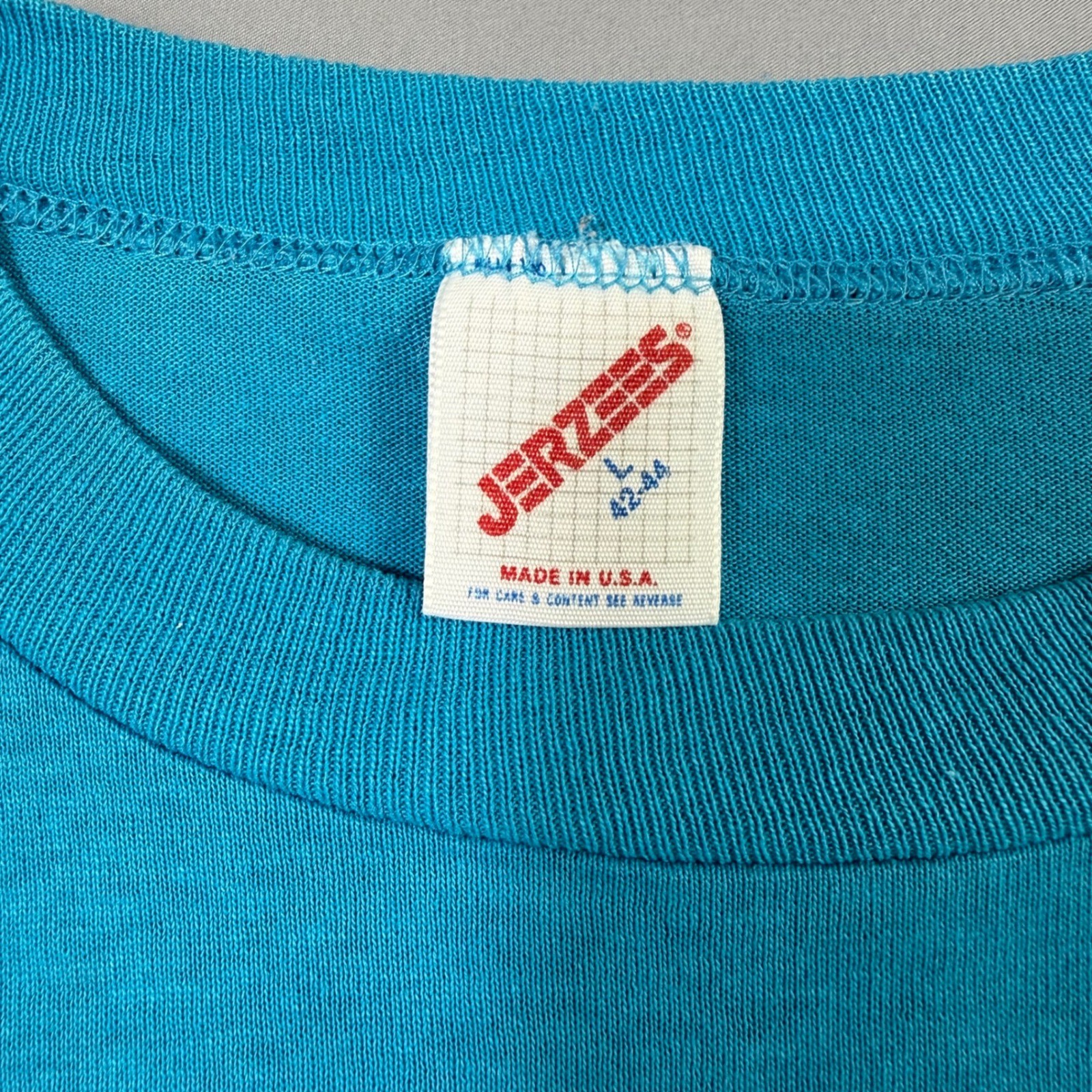 VTG Jerzees T-Shirt Mens Large Turquoise Single Stitch Paper Thin Made in USA