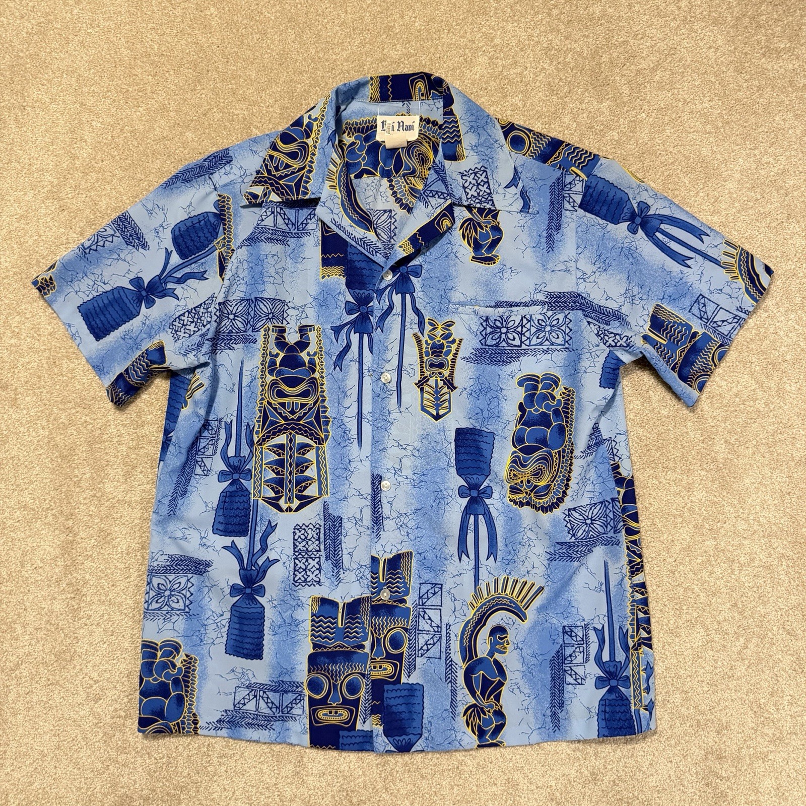 Vtg Made In Hawaii Hawaiian Shirt Large Blue Gold Surfer Beach Vacation 70/80’s