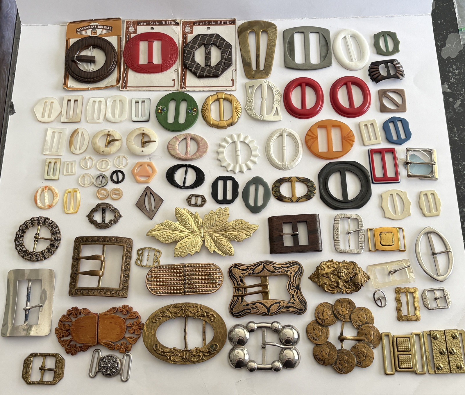 Vintage Lot Of Assorted Belt Buckles And Slides. Metal, Celluloid. Plastic