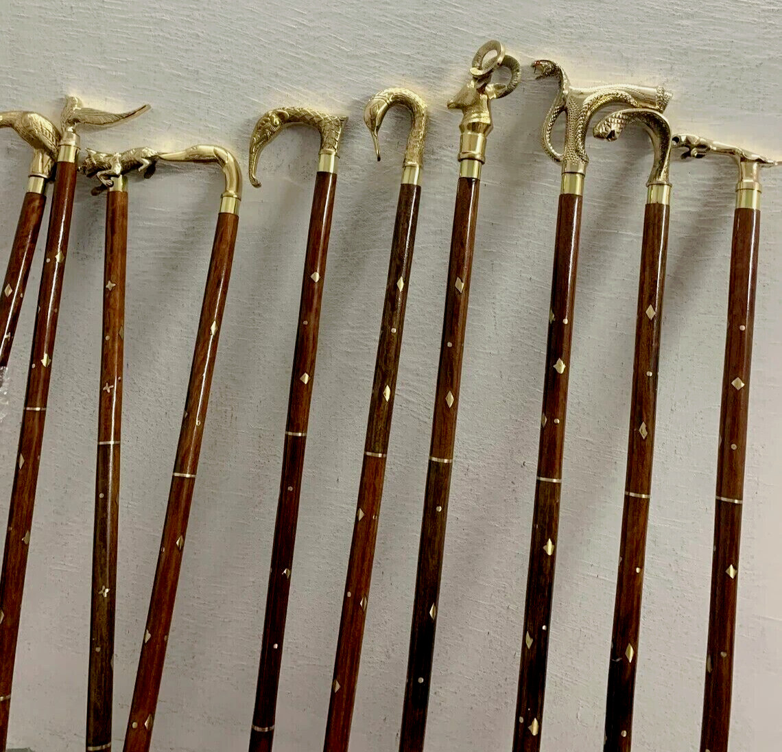 Vintage Antique Lot Of 10 Walking Cane Wooden Walking Stick Brass Handle Gift