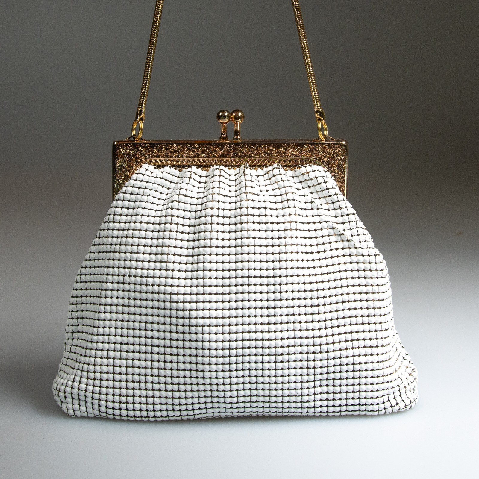 Vintage GLOMESH white and gold small evening bag – in original box