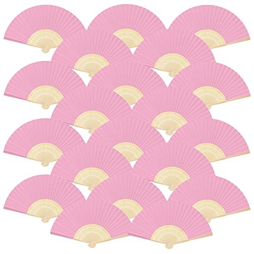 20 Pieces Handheld Pink Paper Fan Paper Folding Fans with Bamboos for Wedding