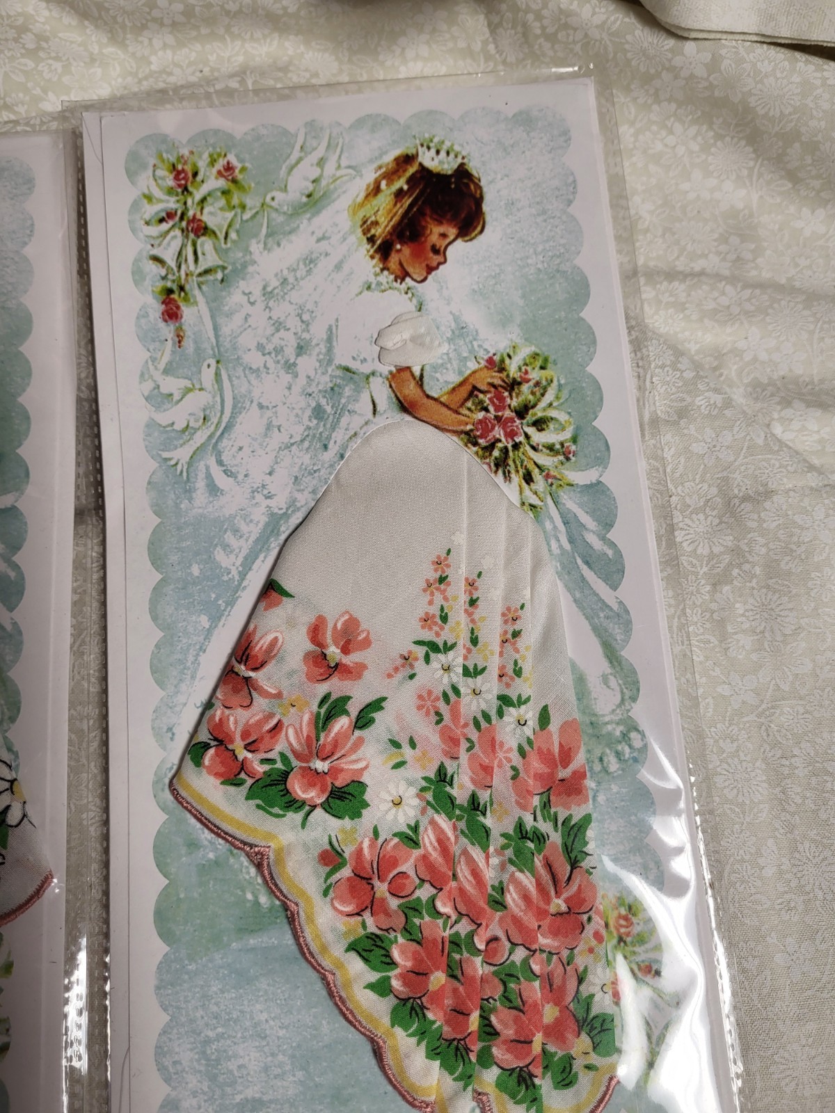 Lot of Retro hanky handkerchief card; bride w/full skirt, wedding card, envelope