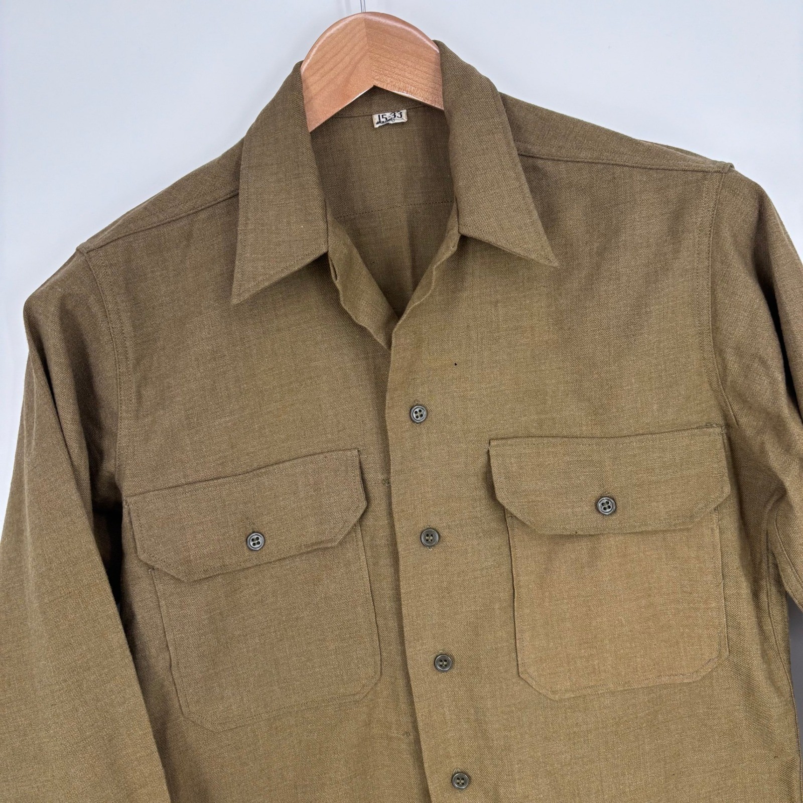 VTG 40s WWII M37 Wool Military Field Shirt Mens 15-33 Brown 1945 *FLAWS