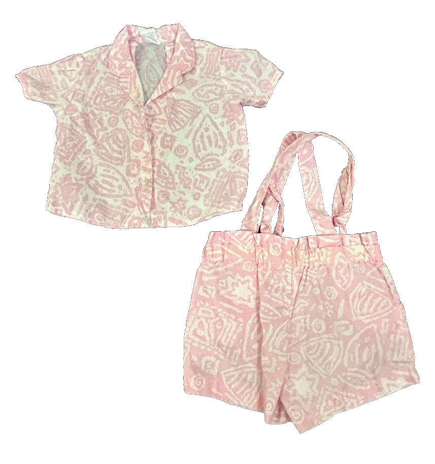 VTG Hawaiian Tribal Pink White Outfit Set Overall Shorts Girl Infant Size 12 Mo